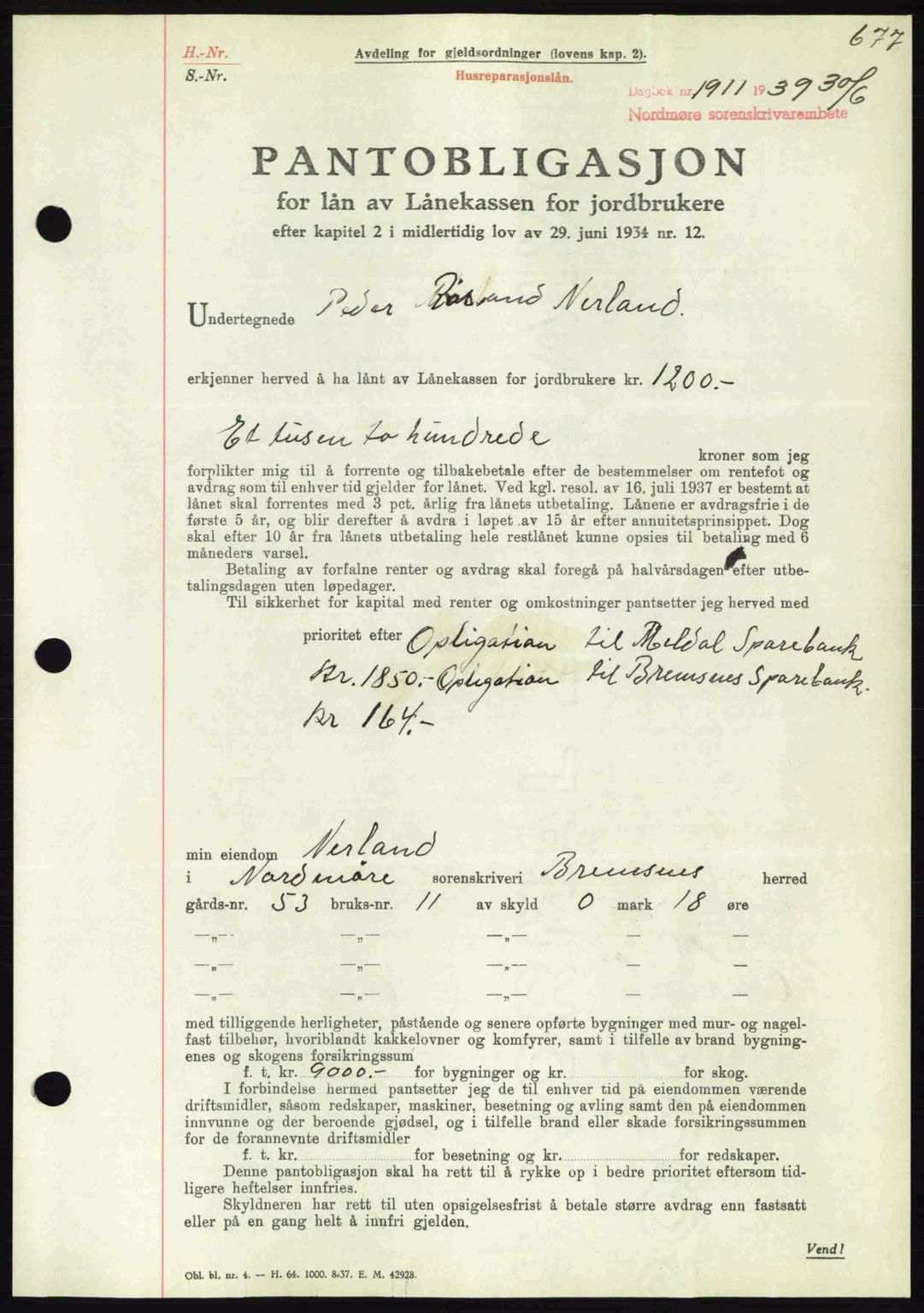 Nordmøre sorenskriveri, AV/SAT-A-4132/1/2/2Ca: Mortgage book no. B85, 1939-1939, Diary no: : 1911/1939