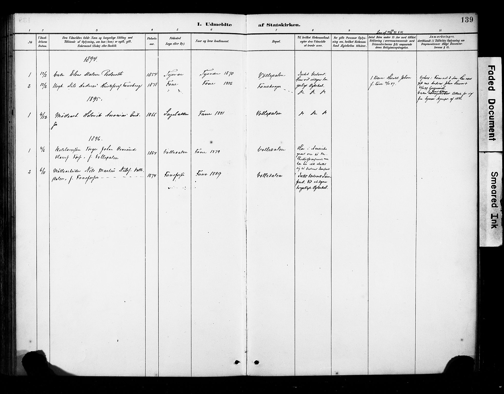 Fana Sokneprestembete, SAB/A-75101/H/Haa/Haab/L0002: Parish register (official) no. B 2, 1890-1897, p. 139