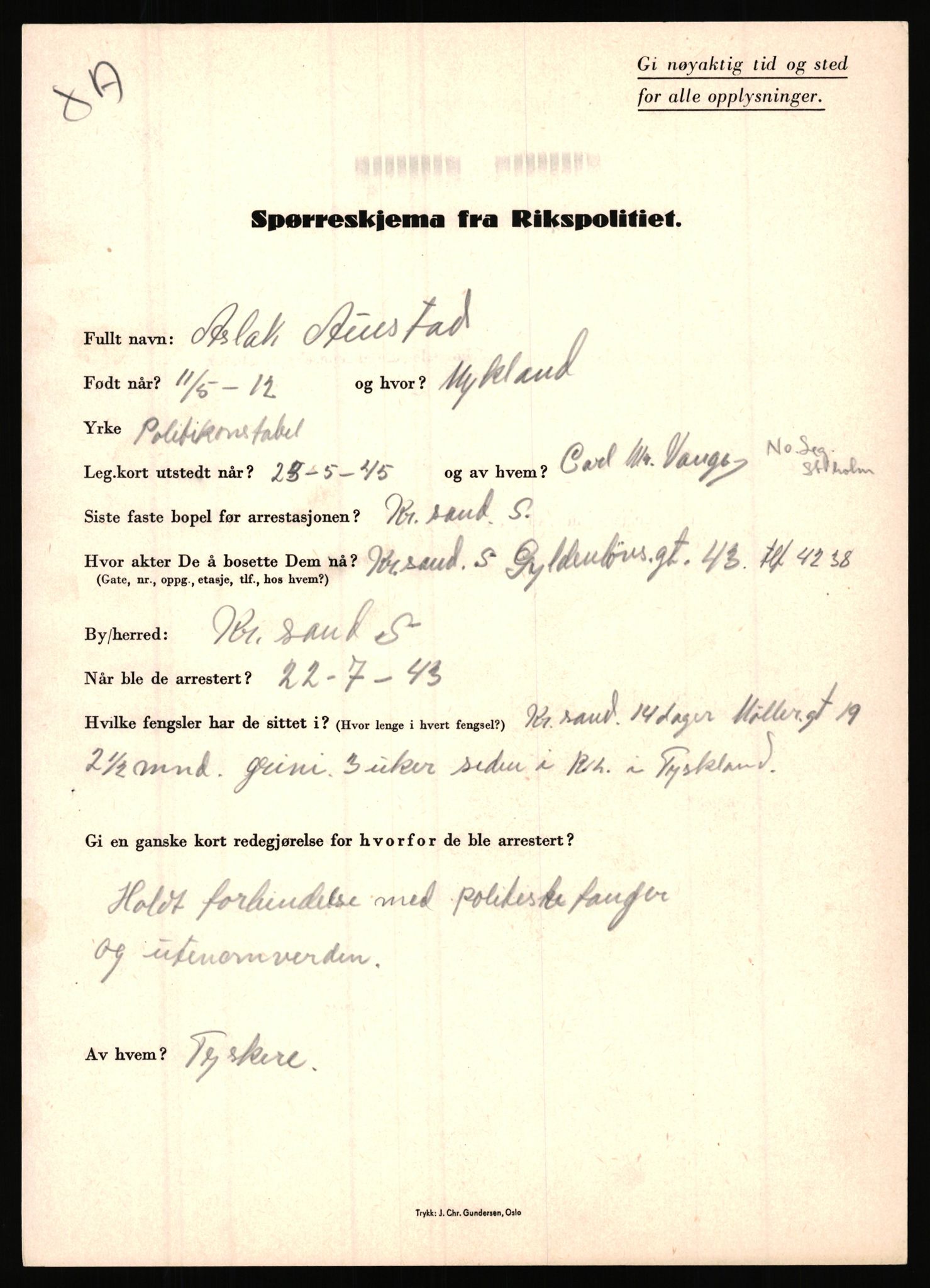 Rikspolitisjefen, AV/RA-S-1560/L/L0001: Abelseth, Rudolf - Berentsen, Odd, 1940-1945, p. 957