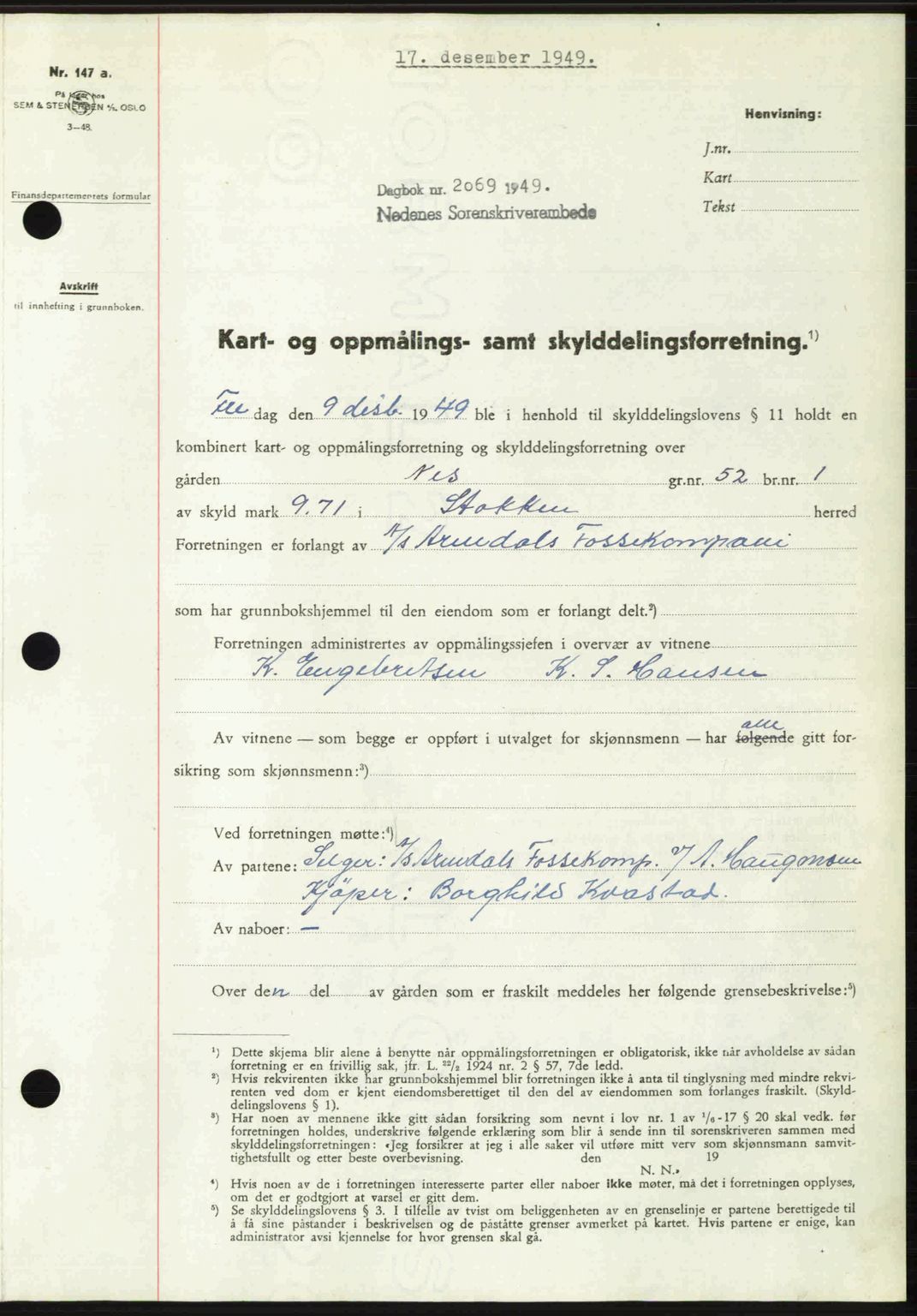 Nedenes sorenskriveri, AV/SAK-1221-0006/G/Gb/Gba/L0062: Mortgage book no. A14, 1949-1950, Diary no: : 2069/1949