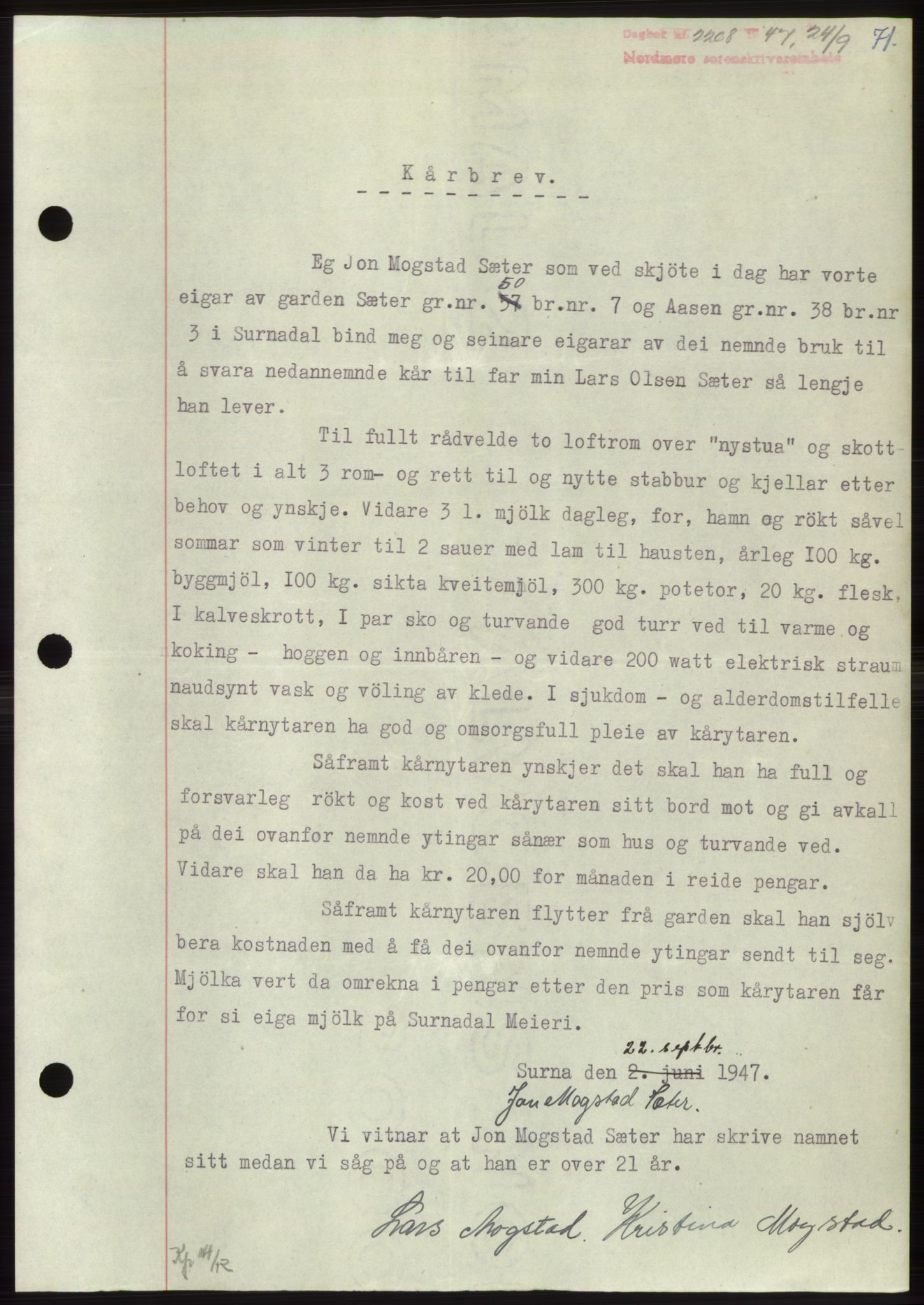 Nordmøre sorenskriveri, AV/SAT-A-4132/1/2/2Ca: Mortgage book no. B97, 1947-1948, Diary no: : 2208/1947