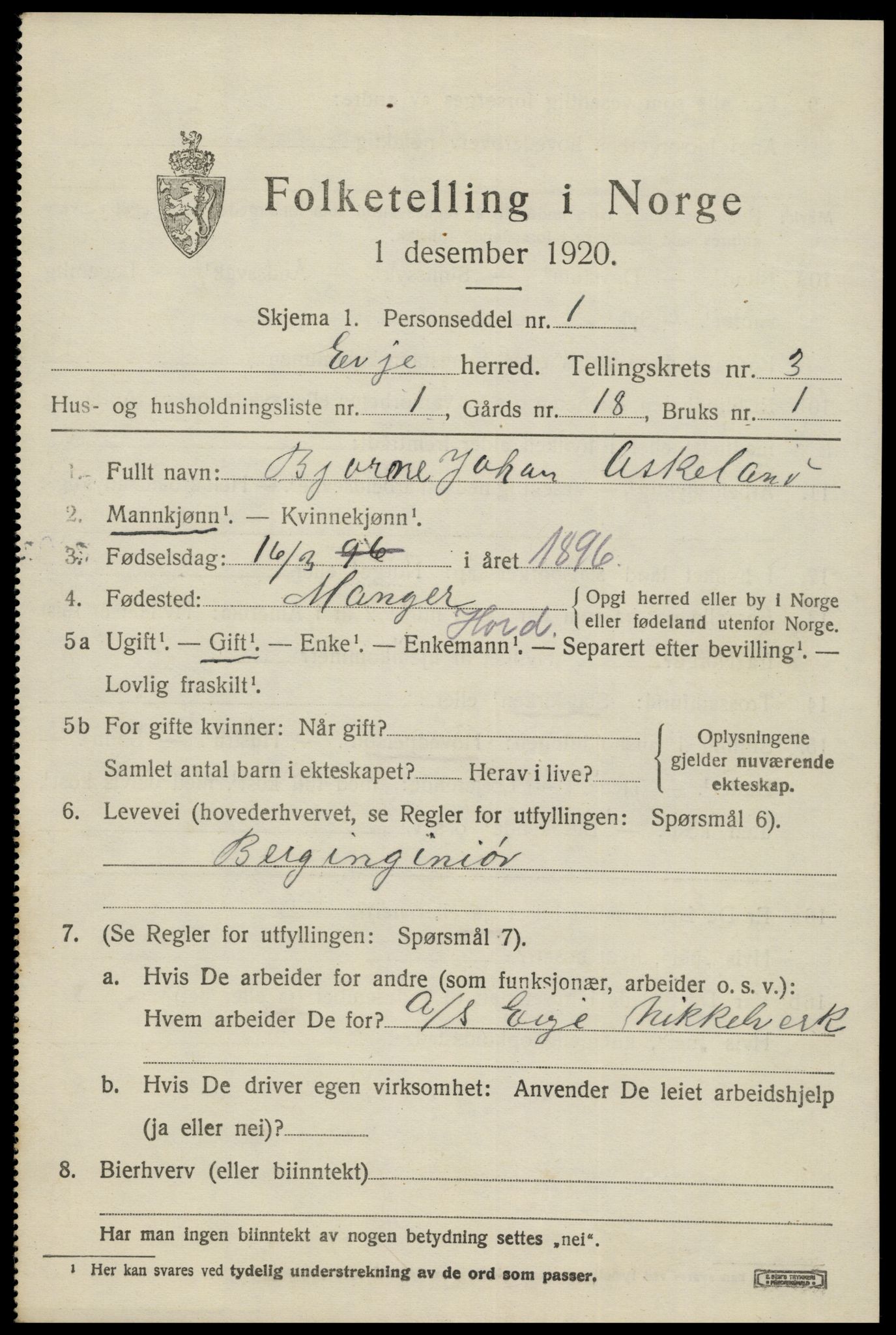 SAK, 1920 census for Evje, 1920, p. 986