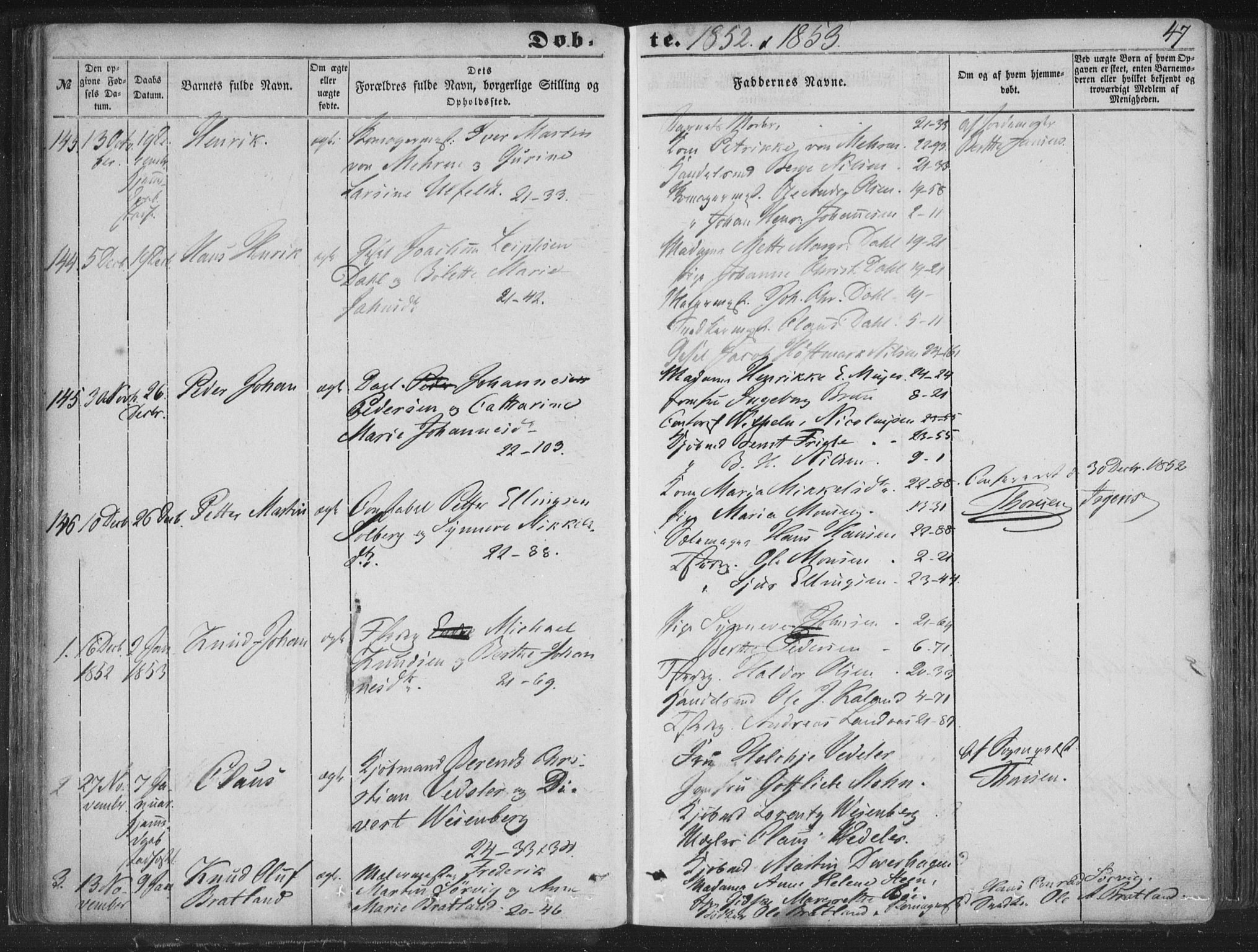 Korskirken sokneprestembete, SAB/A-76101/H/Haa/L0017: Parish register (official) no. B 3, 1851-1857, p. 47