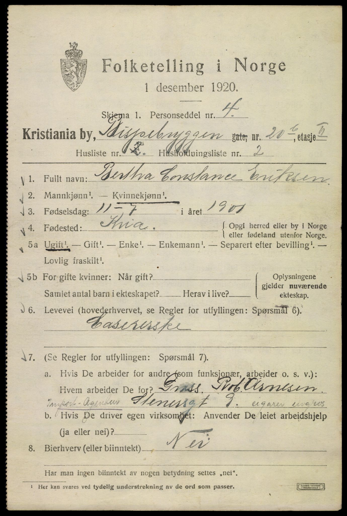 SAO, 1920 census for Kristiania, 1920, p. 157021