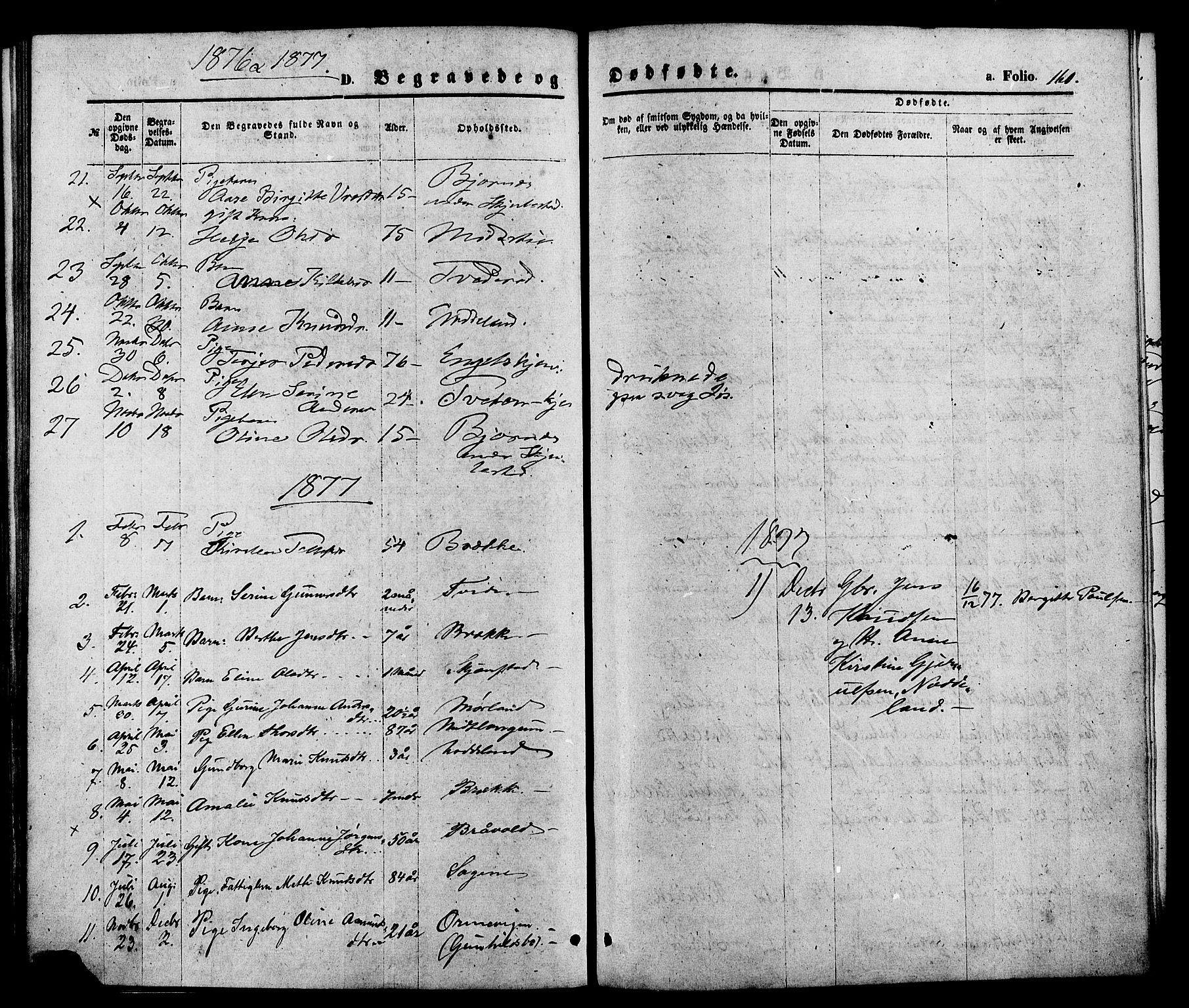 Austre Moland sokneprestkontor, AV/SAK-1111-0001/F/Fa/Faa/L0009: Parish register (official) no. A 9, 1869-1879, p. 160