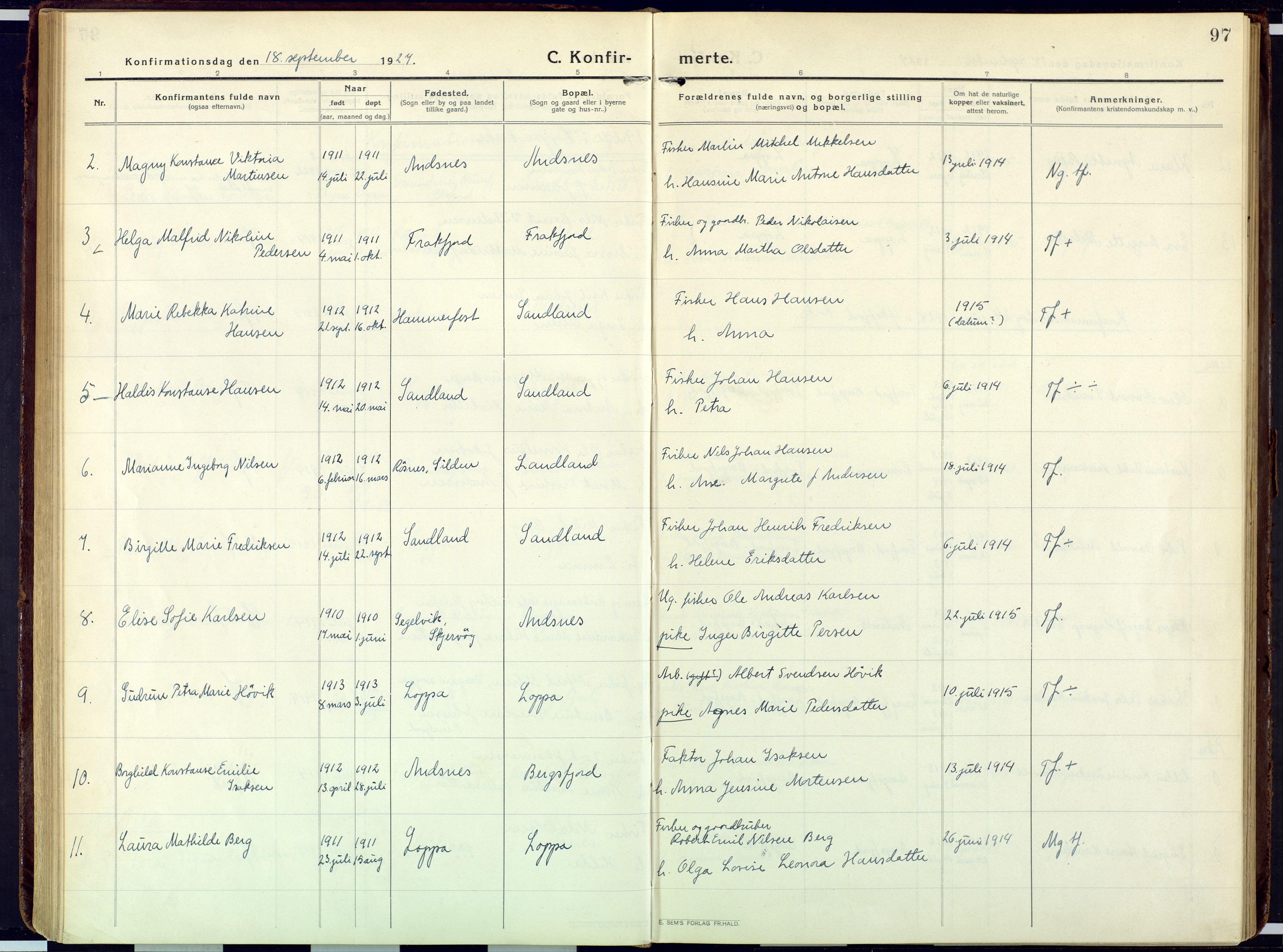 Loppa sokneprestkontor, SATØ/S-1339/H/Ha/L0013kirke: Parish register (official) no. 13, 1920-1932, p. 97