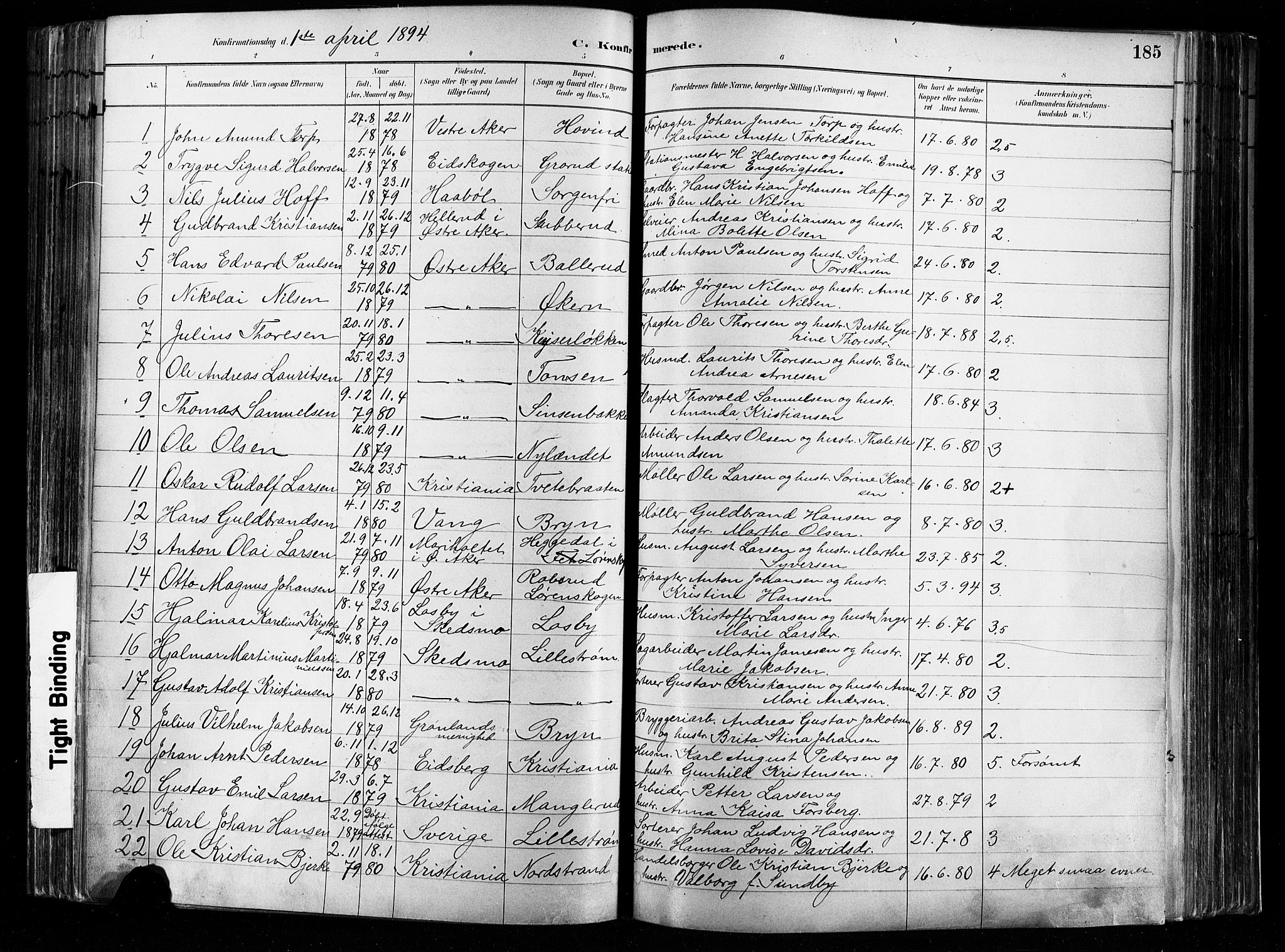 Østre Aker prestekontor Kirkebøker, AV/SAO-A-10840/F/Fa/L0008: Parish register (official) no. I 8, 1883-1894, p. 185