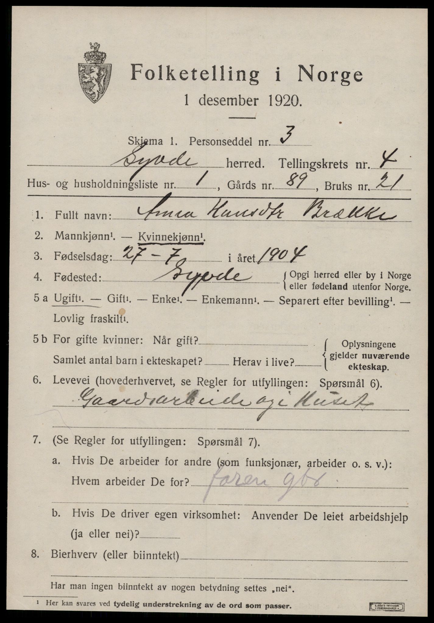 SAT, 1920 census for Syvde, 1920, p. 1346