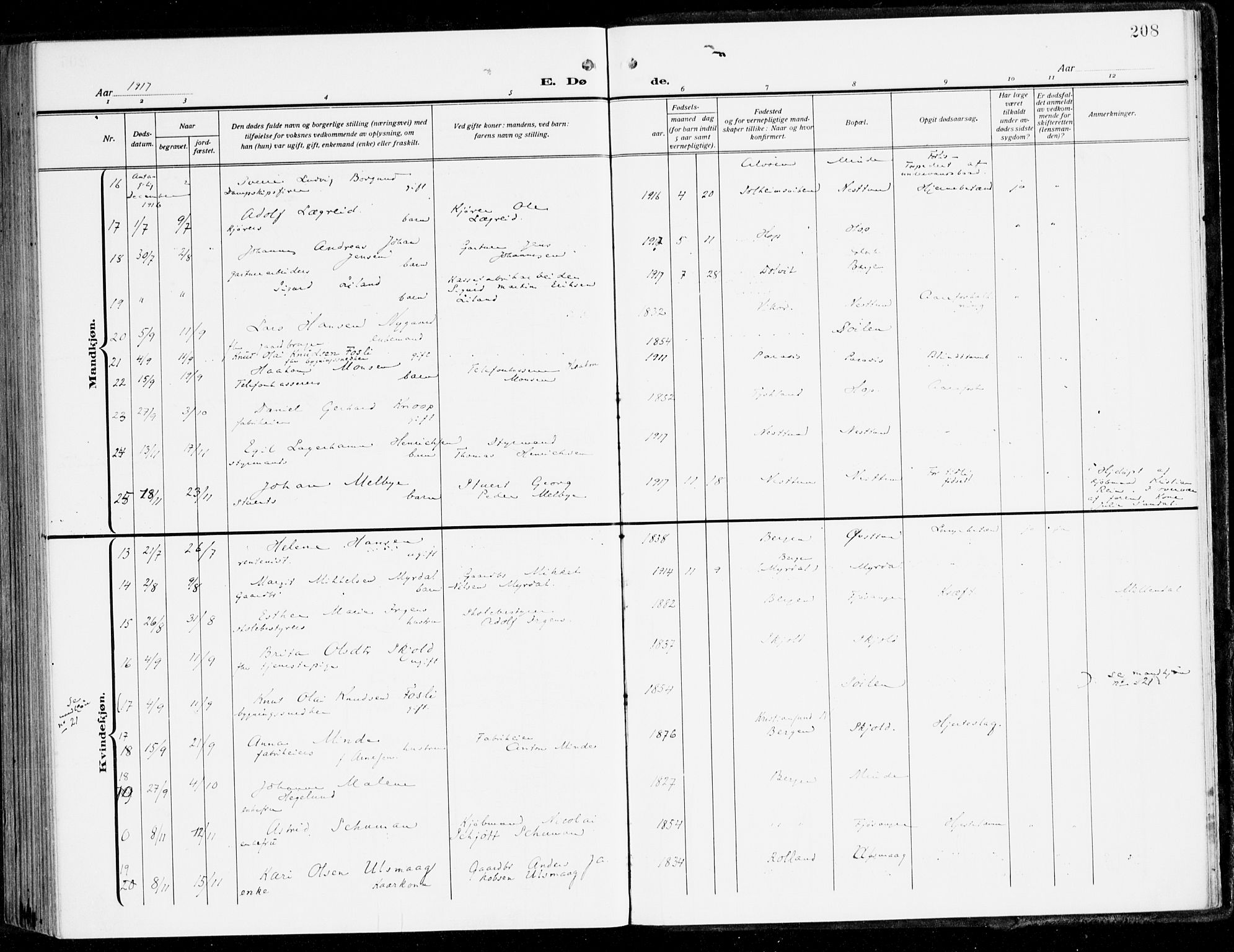 Fana Sokneprestembete, SAB/A-75101/H/Haa/Haai/L0004: Parish register (official) no. I 4, 1912-1933, p. 208