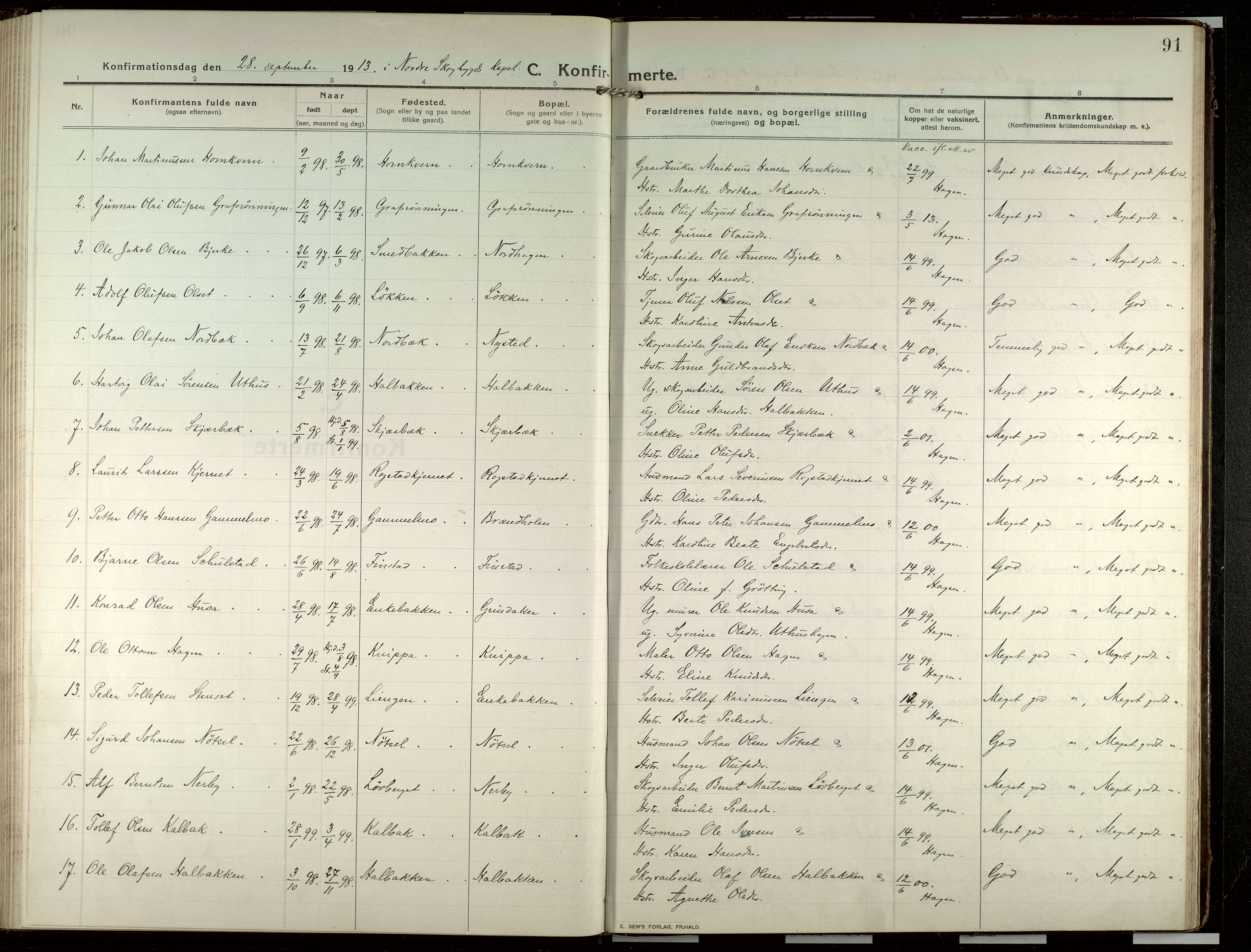 Elverum prestekontor, SAH/PREST-044/H/Ha/Haa/L0022: Parish register (official) no. 22, 1913-1924, p. 91