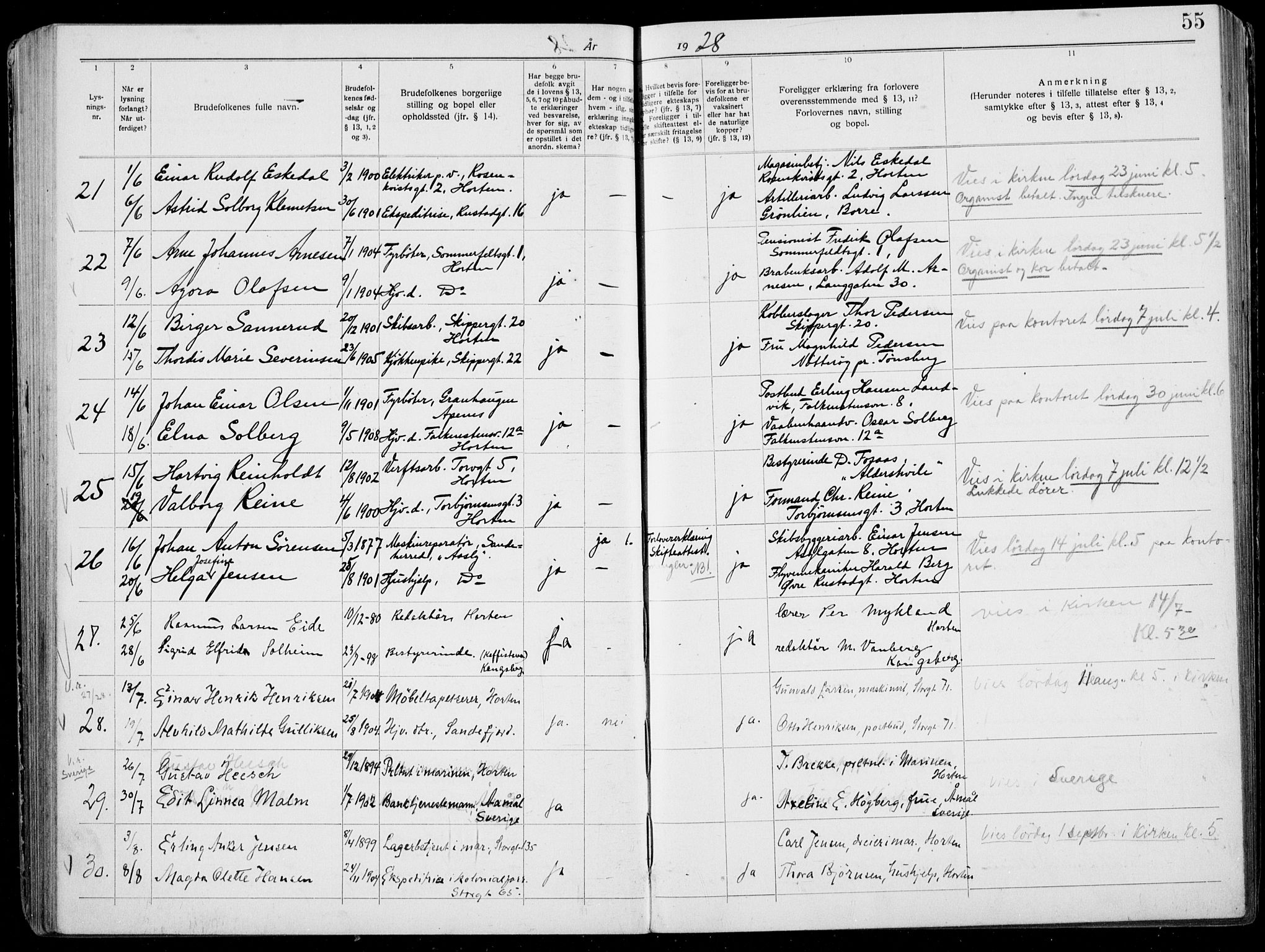 Horten kirkebøker, AV/SAKO-A-348/H/Ha/L0006: Banns register no. 6, 1920-1934, p. 55