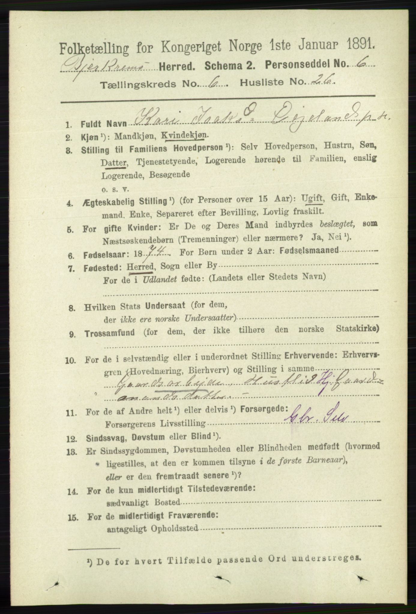 RA, 1891 census for 1114 Bjerkreim, 1891, p. 2267