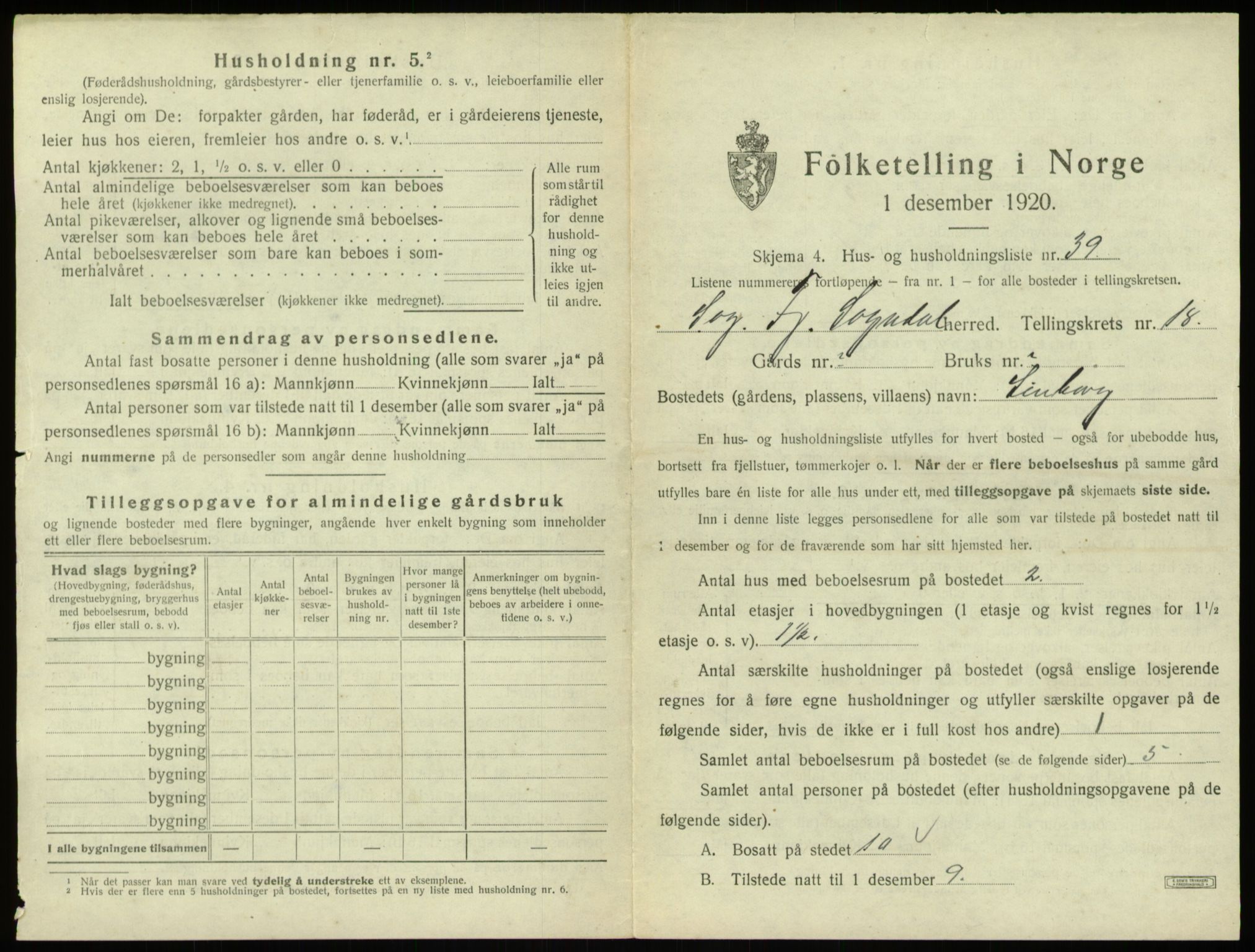 SAB, 1920 census for Sogndal, 1920, p. 1018