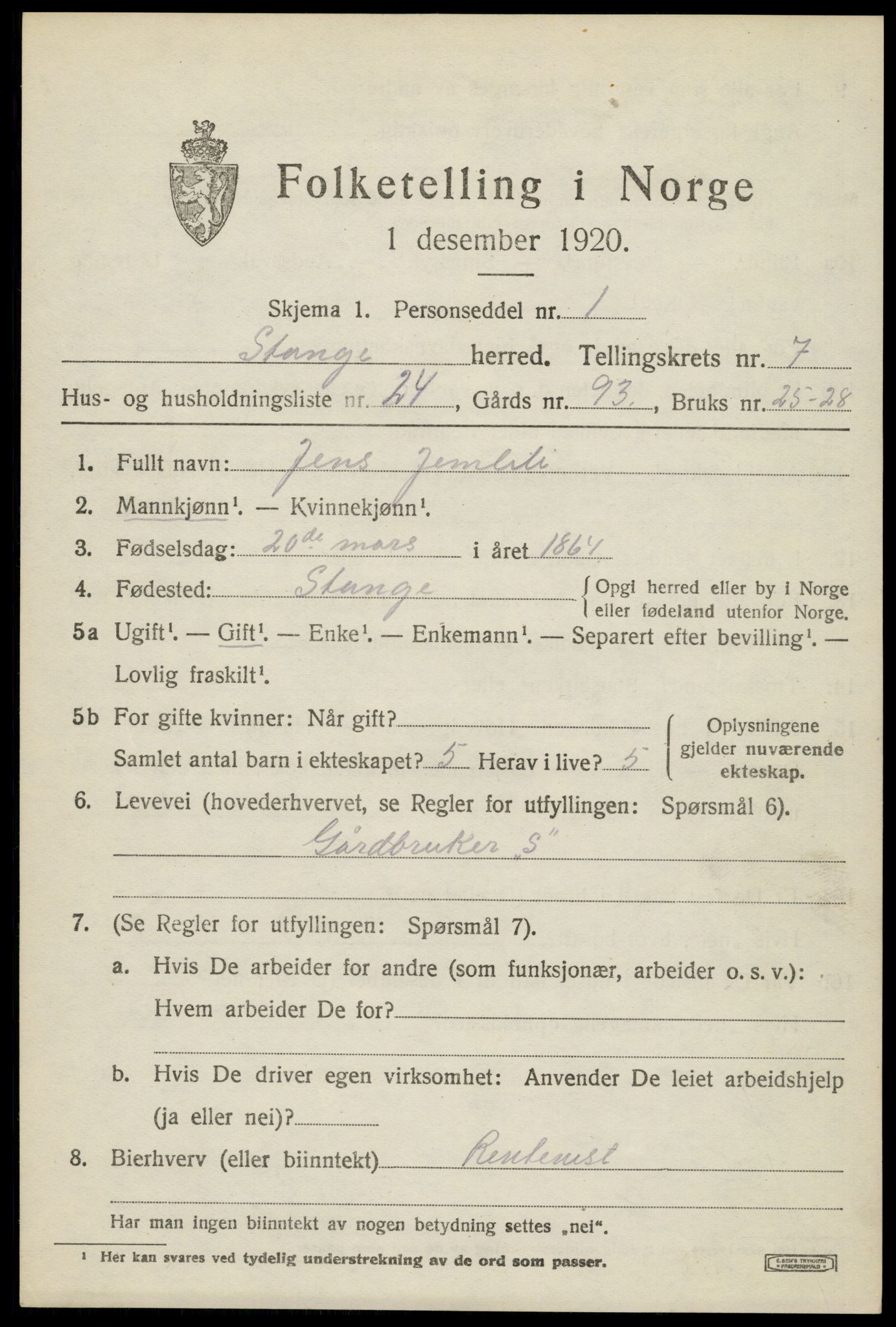 SAH, 1920 census for Stange, 1920, p. 12509