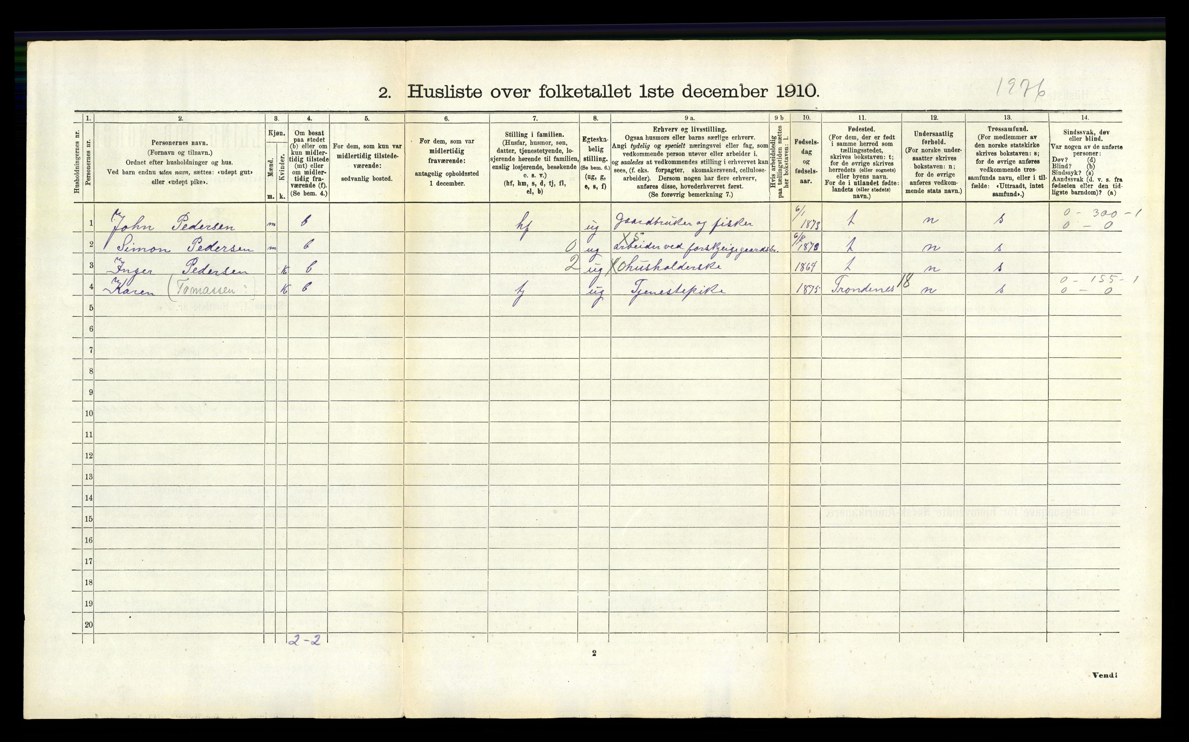 RA, 1910 census for Ankenes, 1910, p. 424