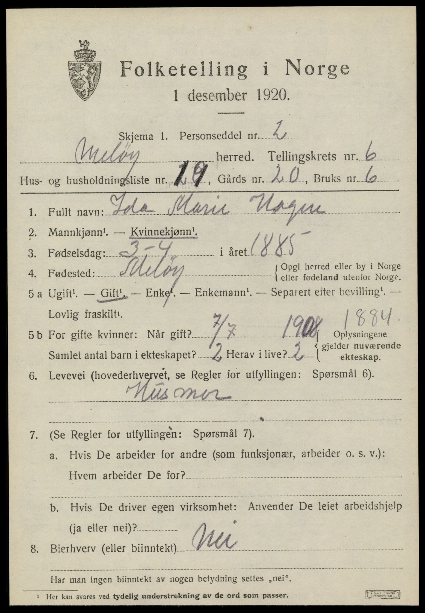 SAT, 1920 census for Meløy, 1920, p. 3633