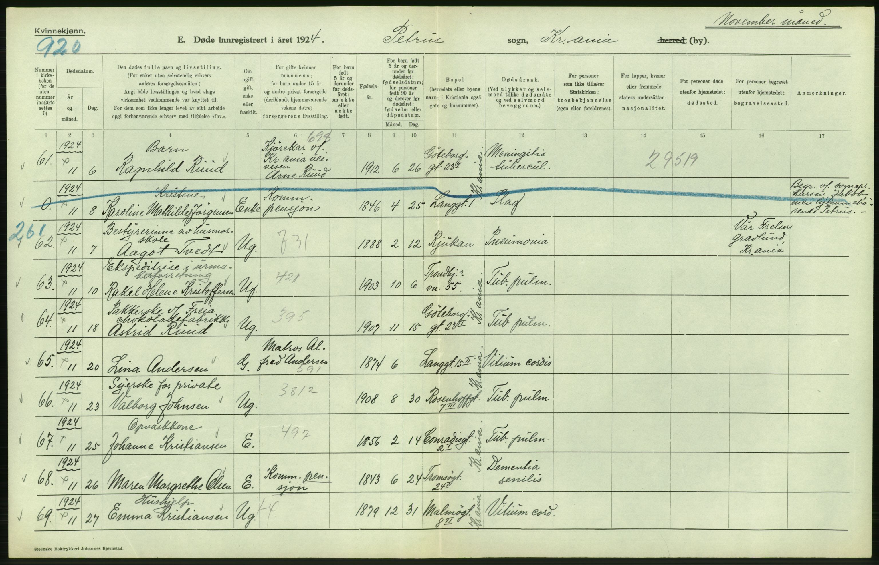 Statistisk sentralbyrå, Sosiodemografiske emner, Befolkning, AV/RA-S-2228/D/Df/Dfc/Dfcd/L0009: Kristiania: Døde kvinner, dødfødte, 1924, p. 286