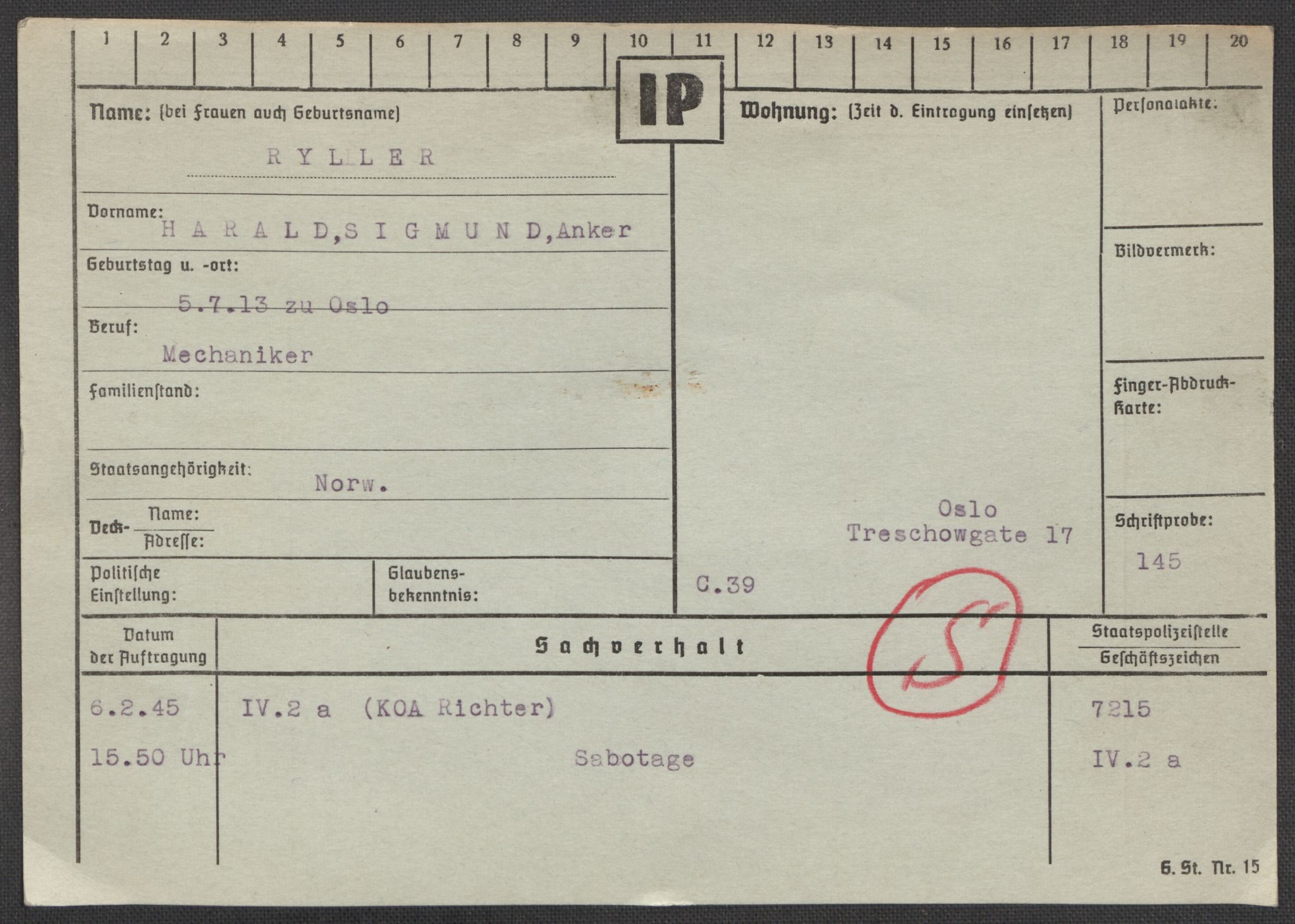 Befehlshaber der Sicherheitspolizei und des SD, AV/RA-RAFA-5969/E/Ea/Eaa/L0009: Register over norske fanger i Møllergata 19: Ru-Sy, 1940-1945, p. 102