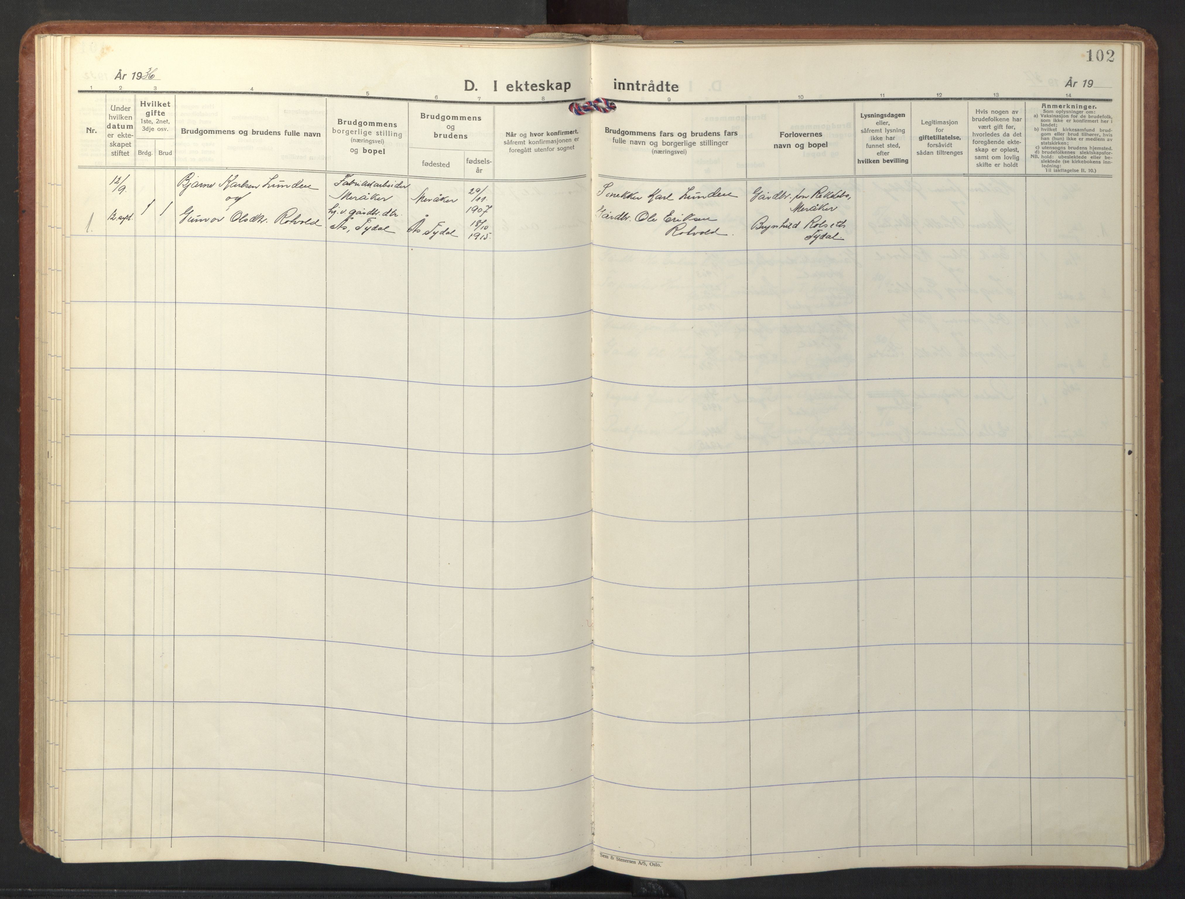 Ministerialprotokoller, klokkerbøker og fødselsregistre - Sør-Trøndelag, SAT/A-1456/698/L1169: Parish register (copy) no. 698C06, 1930-1949, p. 102