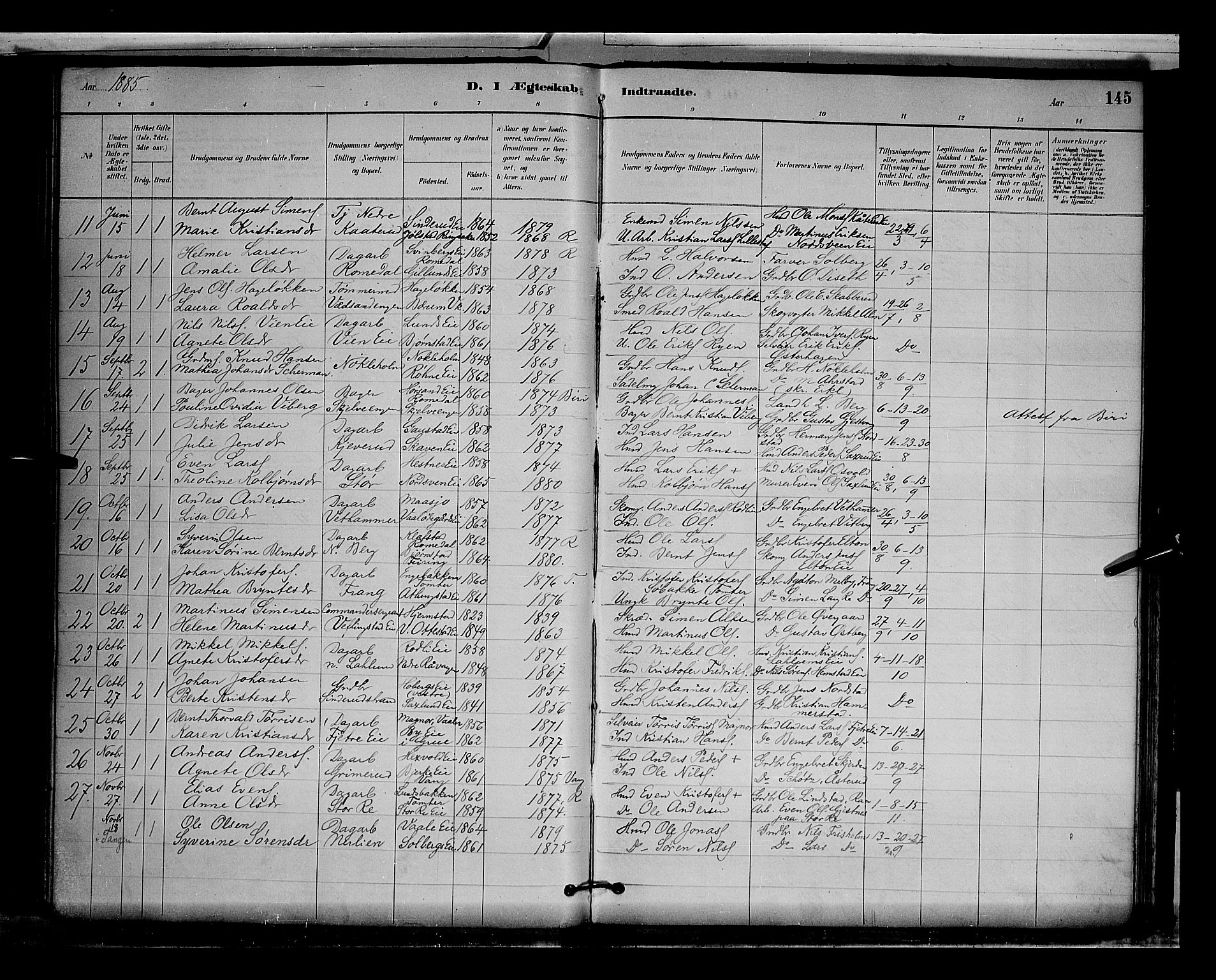 Stange prestekontor, AV/SAH-PREST-002/L/L0009: Parish register (copy) no. 9, 1883-1899, p. 145