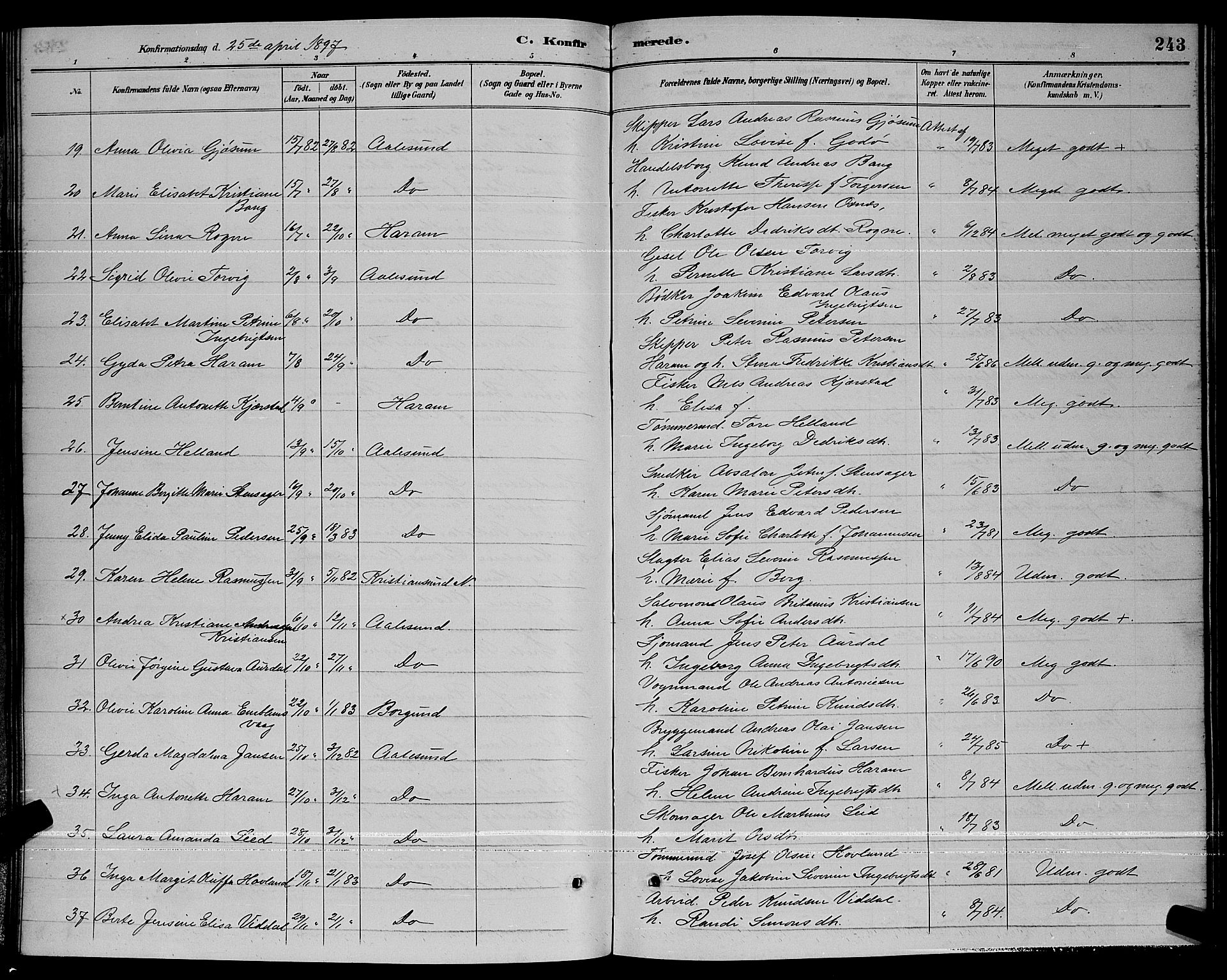 Ministerialprotokoller, klokkerbøker og fødselsregistre - Møre og Romsdal, AV/SAT-A-1454/529/L0467: Parish register (copy) no. 529C04, 1889-1897, p. 243