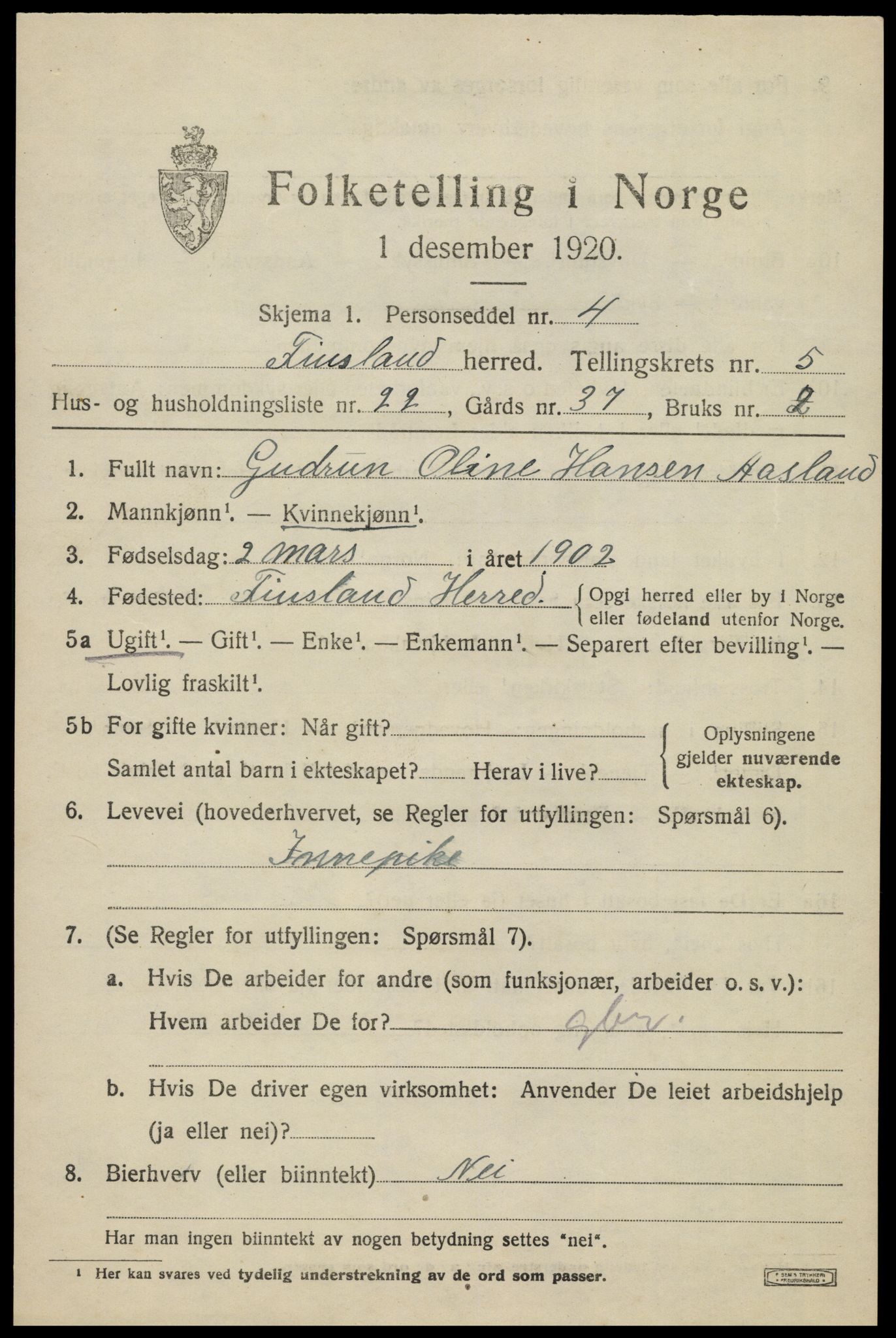 SAK, 1920 census for Finsland, 1920, p. 1986