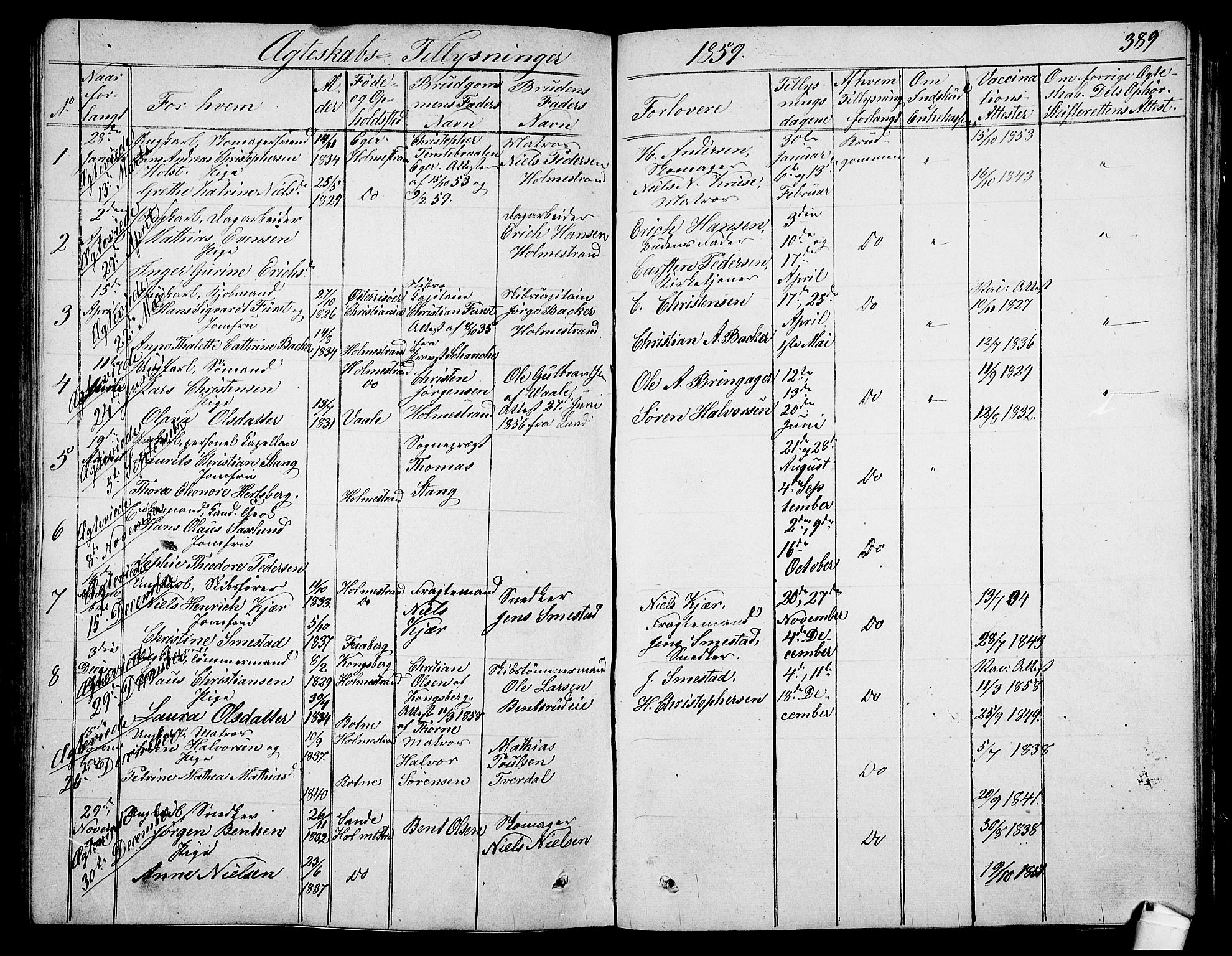 Holmestrand kirkebøker, SAKO/A-346/G/Ga/L0003: Parish register (copy) no. 3, 1849-1874, p. 389