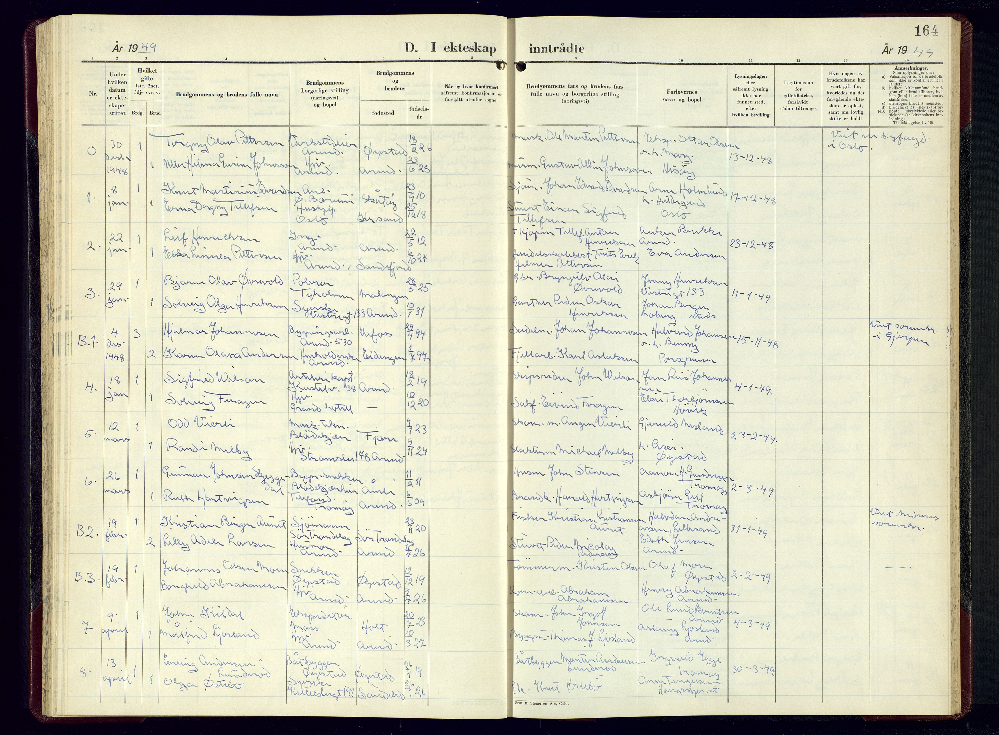 Arendal sokneprestkontor, Trefoldighet, SAK/1111-0040/F/Fb/L0010: Parish register (copy) no. B-10, 1949-1960, p. 164