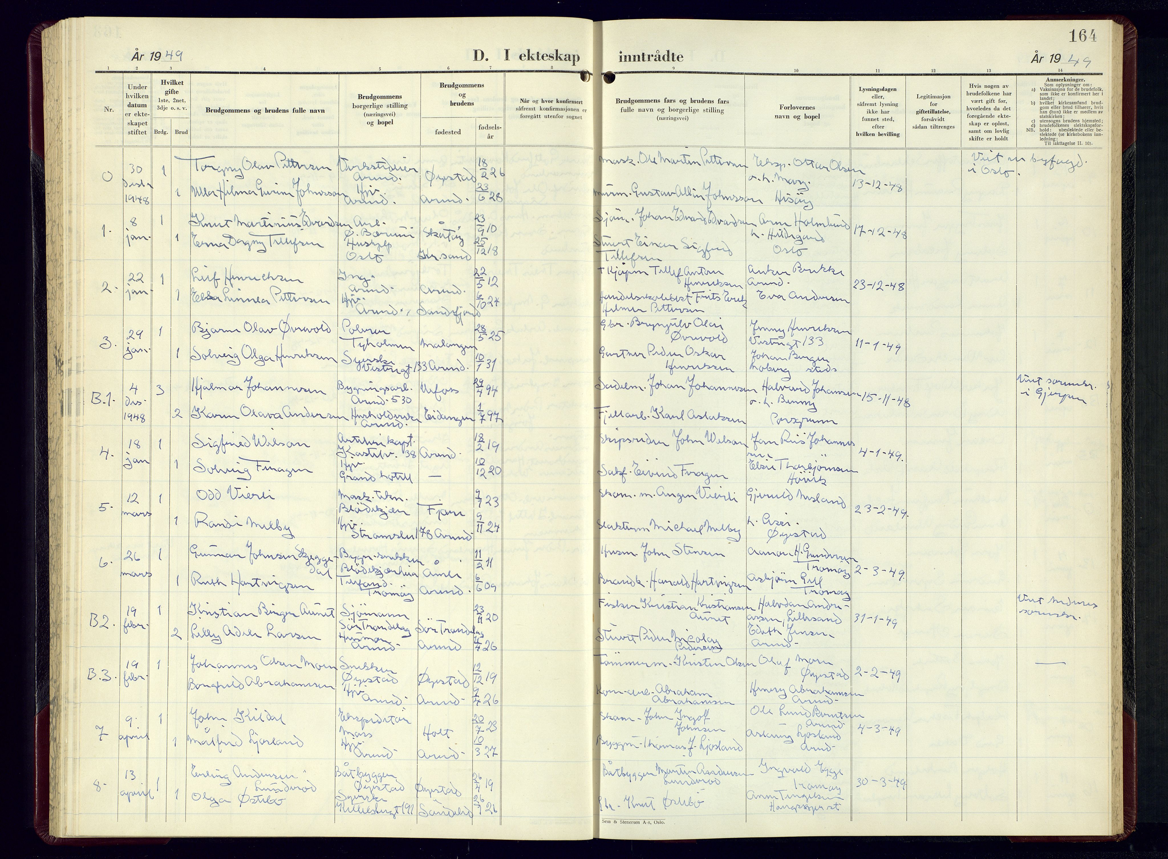 Arendal sokneprestkontor, Trefoldighet, AV/SAK-1111-0040/F/Fb/L0010: Parish register (copy) no. B-10, 1949-1960, p. 164