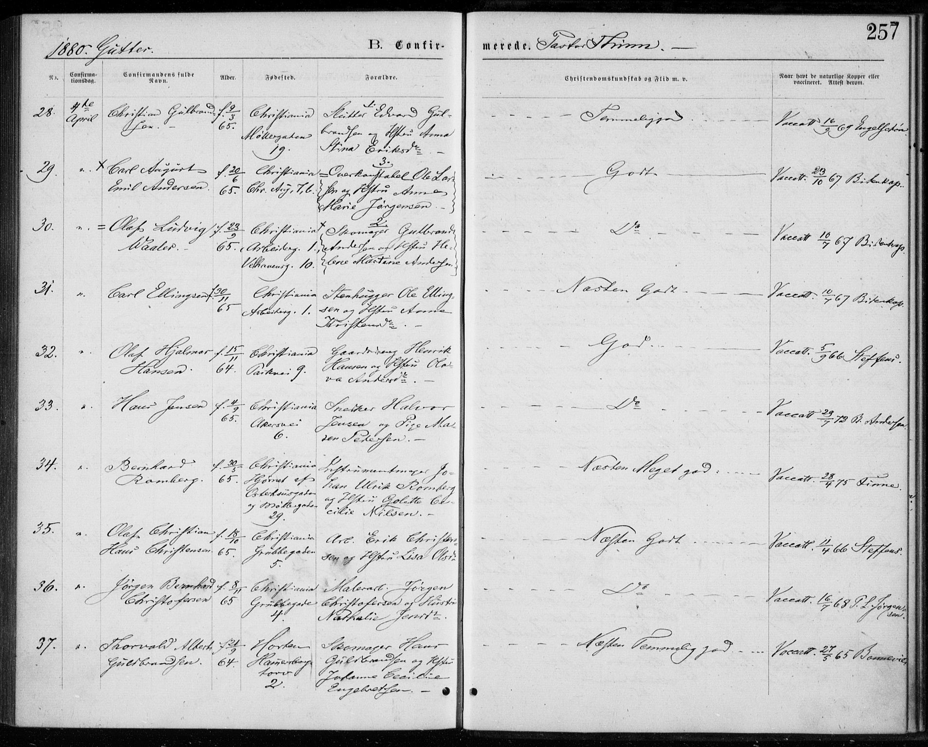 Trefoldighet prestekontor Kirkebøker, AV/SAO-A-10882/F/Fb/L0002: Parish register (official) no. II 2, 1871-1880, p. 257