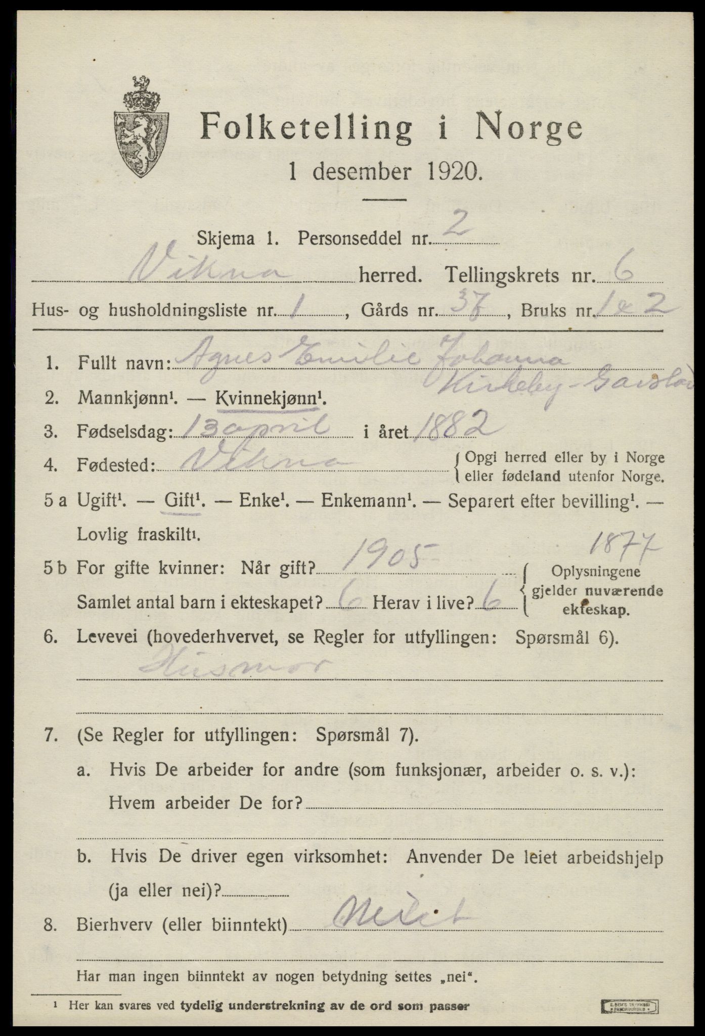 SAT, 1920 census for Vikna, 1920, p. 4999