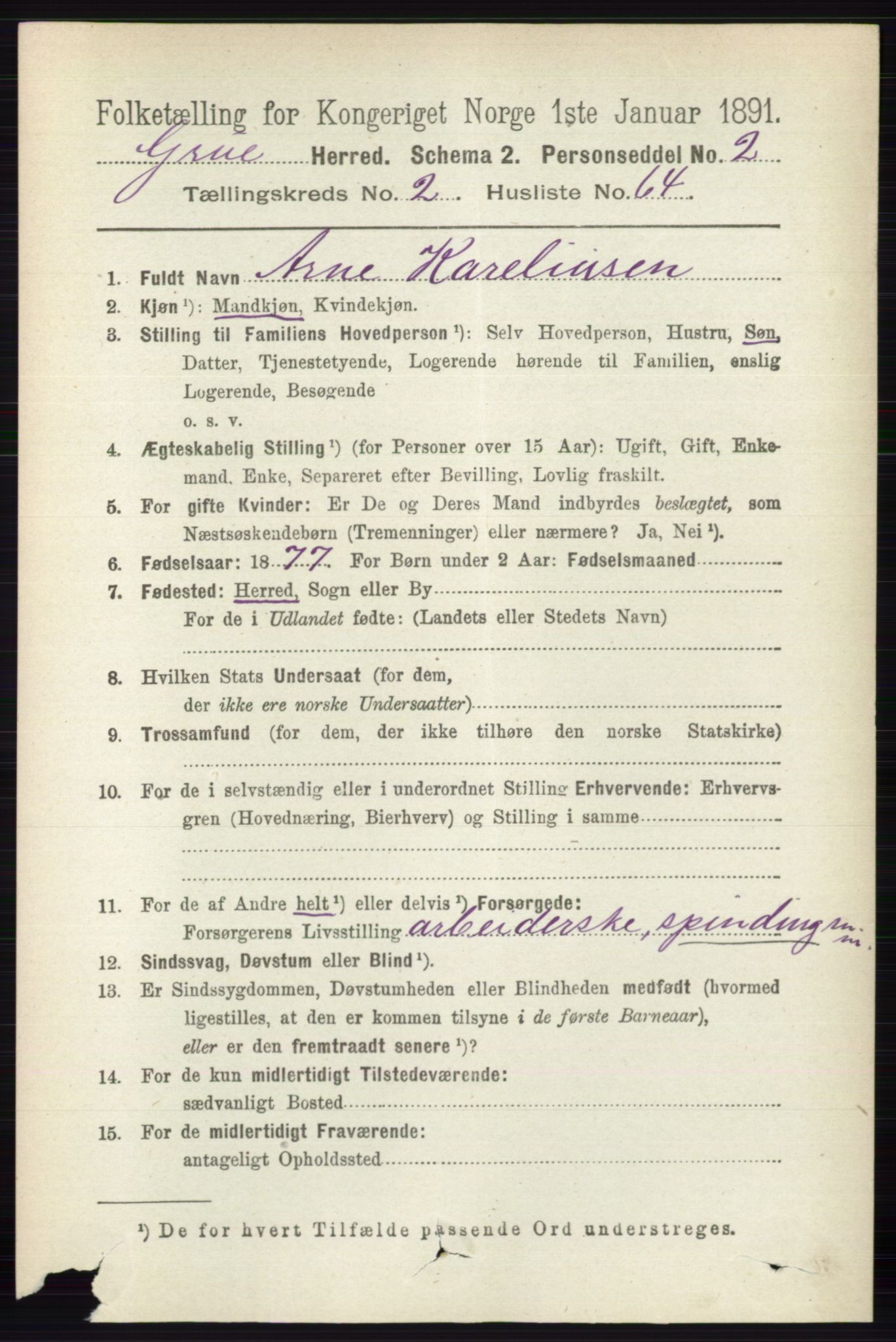 RA, 1891 census for 0423 Grue, 1891, p. 1448