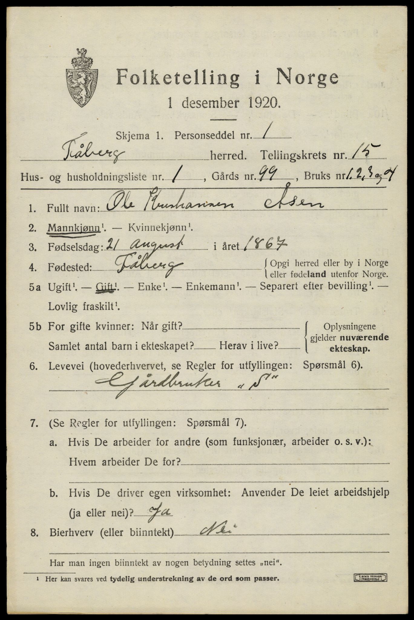 SAH, 1920 census for Fåberg, 1920, p. 15048