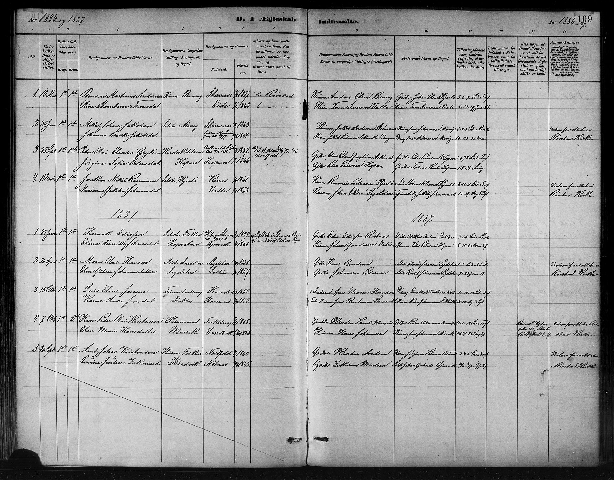 Ministerialprotokoller, klokkerbøker og fødselsregistre - Nordland, AV/SAT-A-1459/858/L0831: Parish register (official) no. 858A01, 1884-1902, p. 109