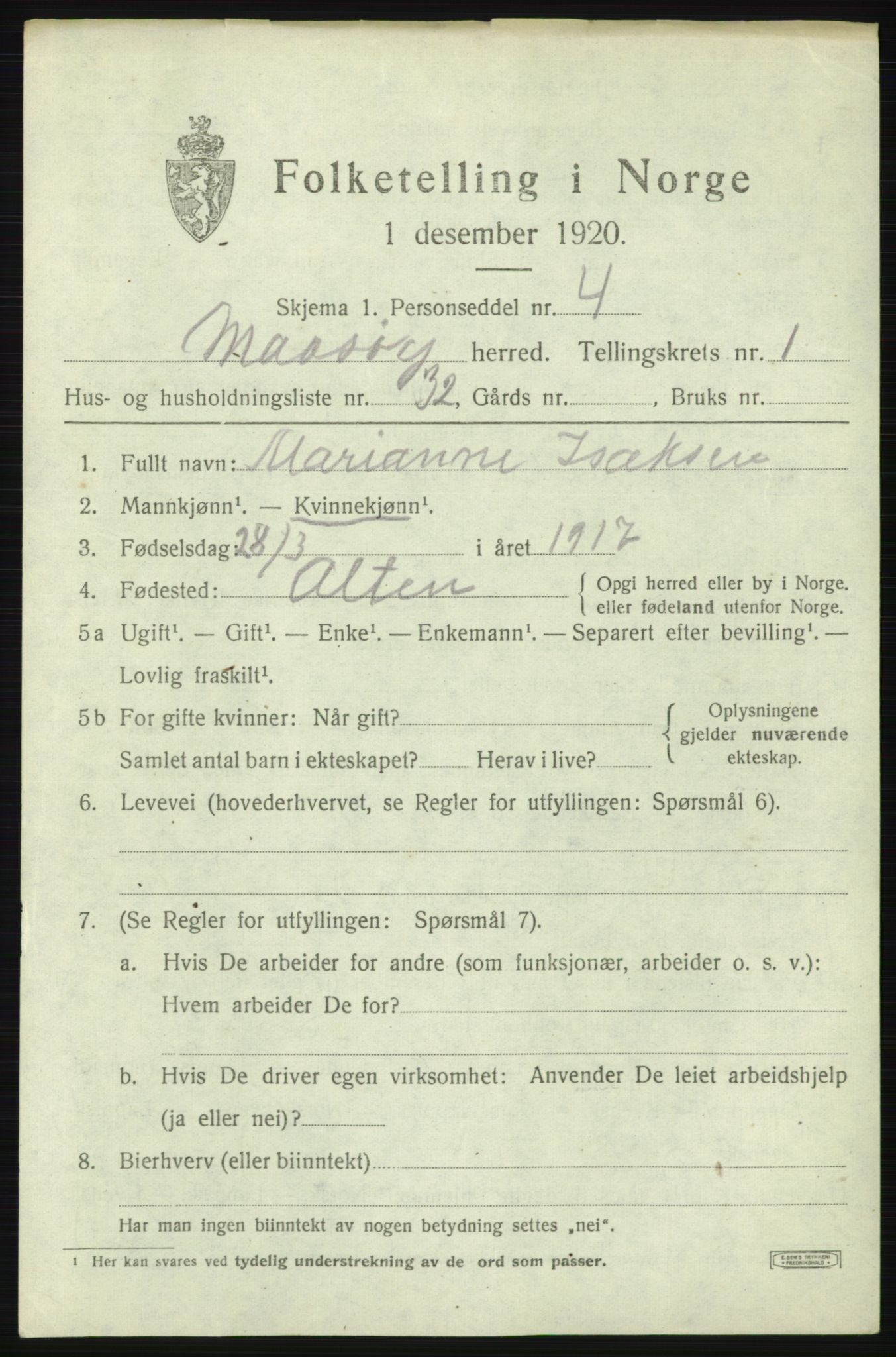 SATØ, 1920 census for Måsøy, 1920, p. 1172