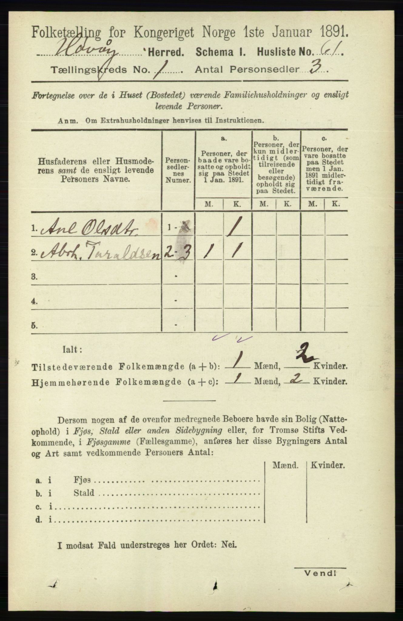 RA, 1891 census for 0927 Høvåg, 1891, p. 79