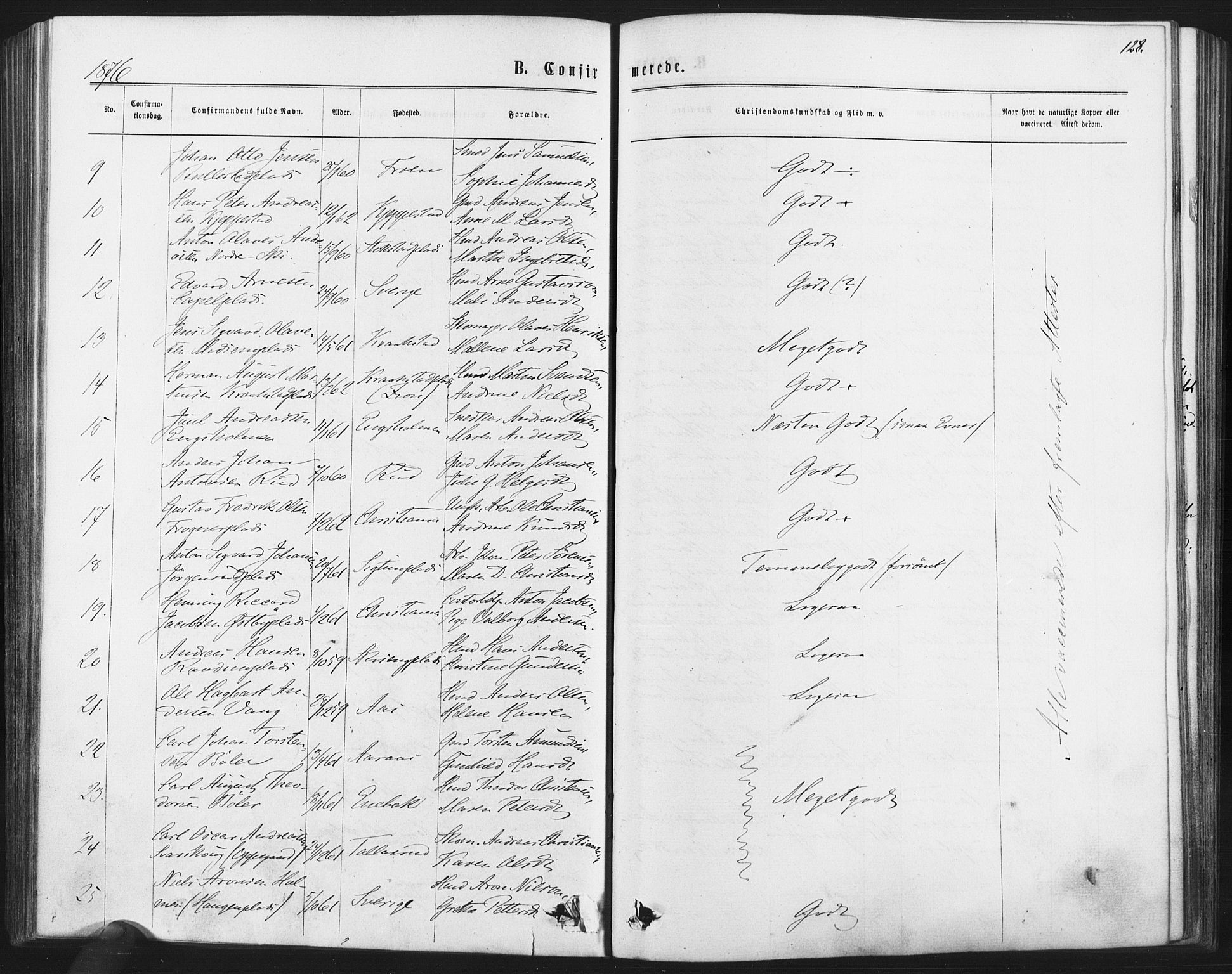 Kråkstad prestekontor Kirkebøker, SAO/A-10125a/F/Fa/L0008: Parish register (official) no. I 8, 1870-1879, p. 128