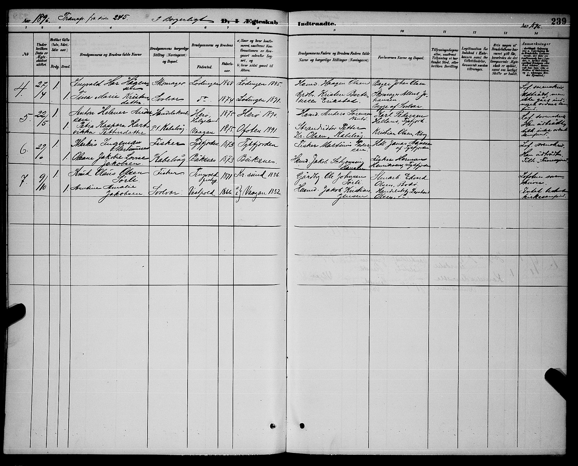 Ministerialprotokoller, klokkerbøker og fødselsregistre - Nordland, AV/SAT-A-1459/874/L1077: Parish register (copy) no. 874C06, 1891-1900, p. 239