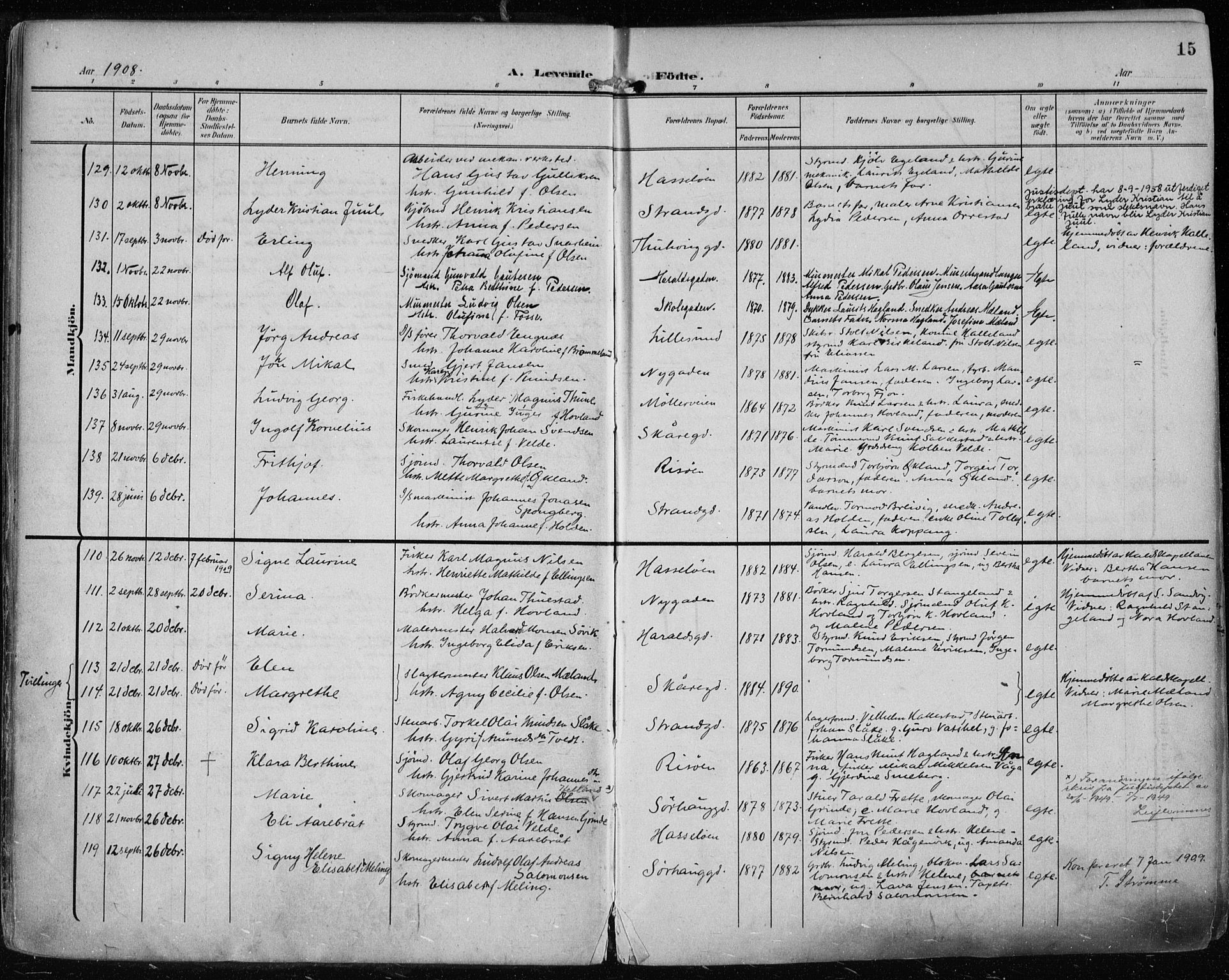 Haugesund sokneprestkontor, AV/SAST-A -101863/H/Ha/Haa/L0008: Parish register (official) no. A 8, 1908-1921, p. 15