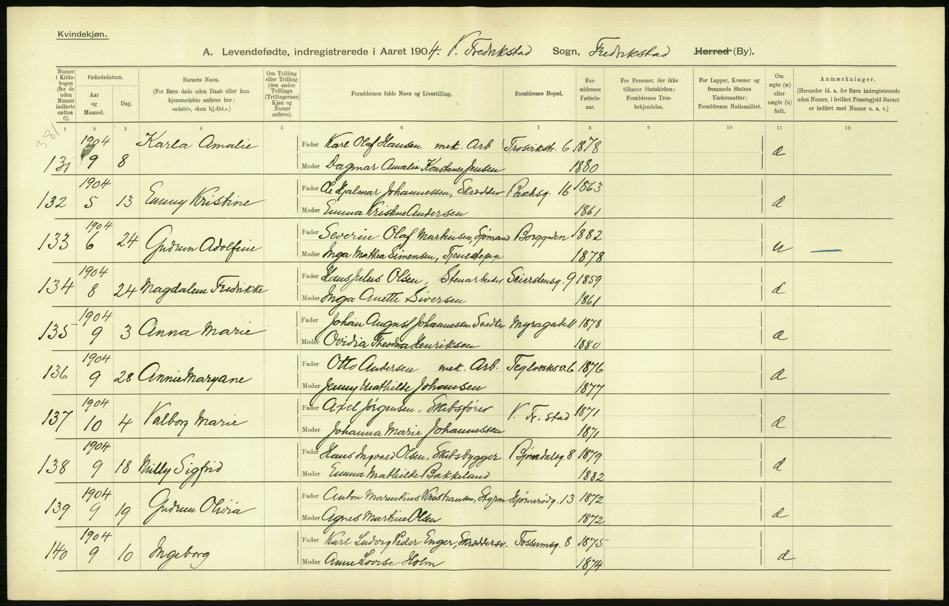 Statistisk sentralbyrå, Sosiodemografiske emner, Befolkning, AV/RA-S-2228/D/Df/Dfa/Dfab/L0001: Smålenenes amt: Fødte, gifte, døde, 1904, p. 20