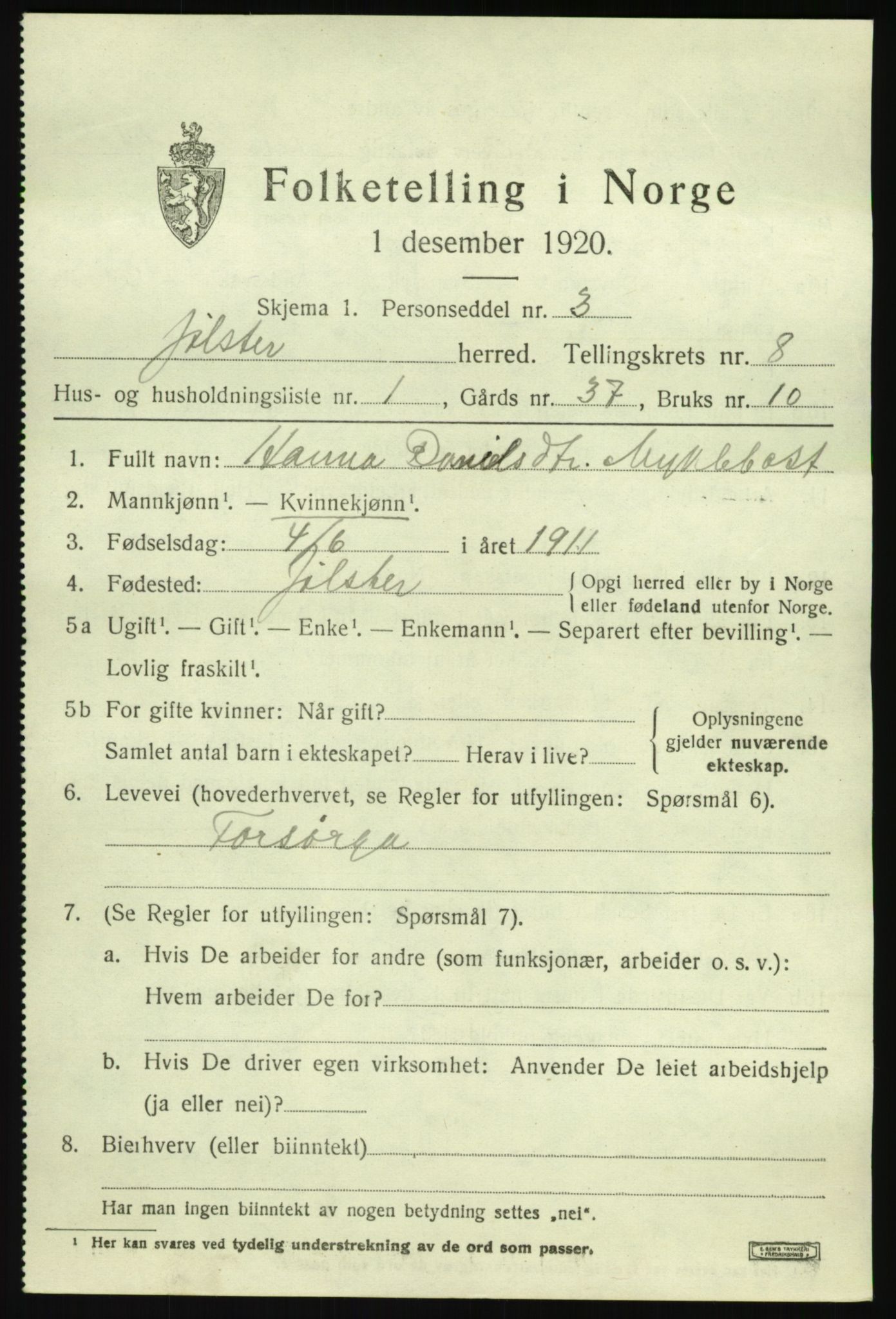 SAB, 1920 census for Jølster, 1920, p. 4014