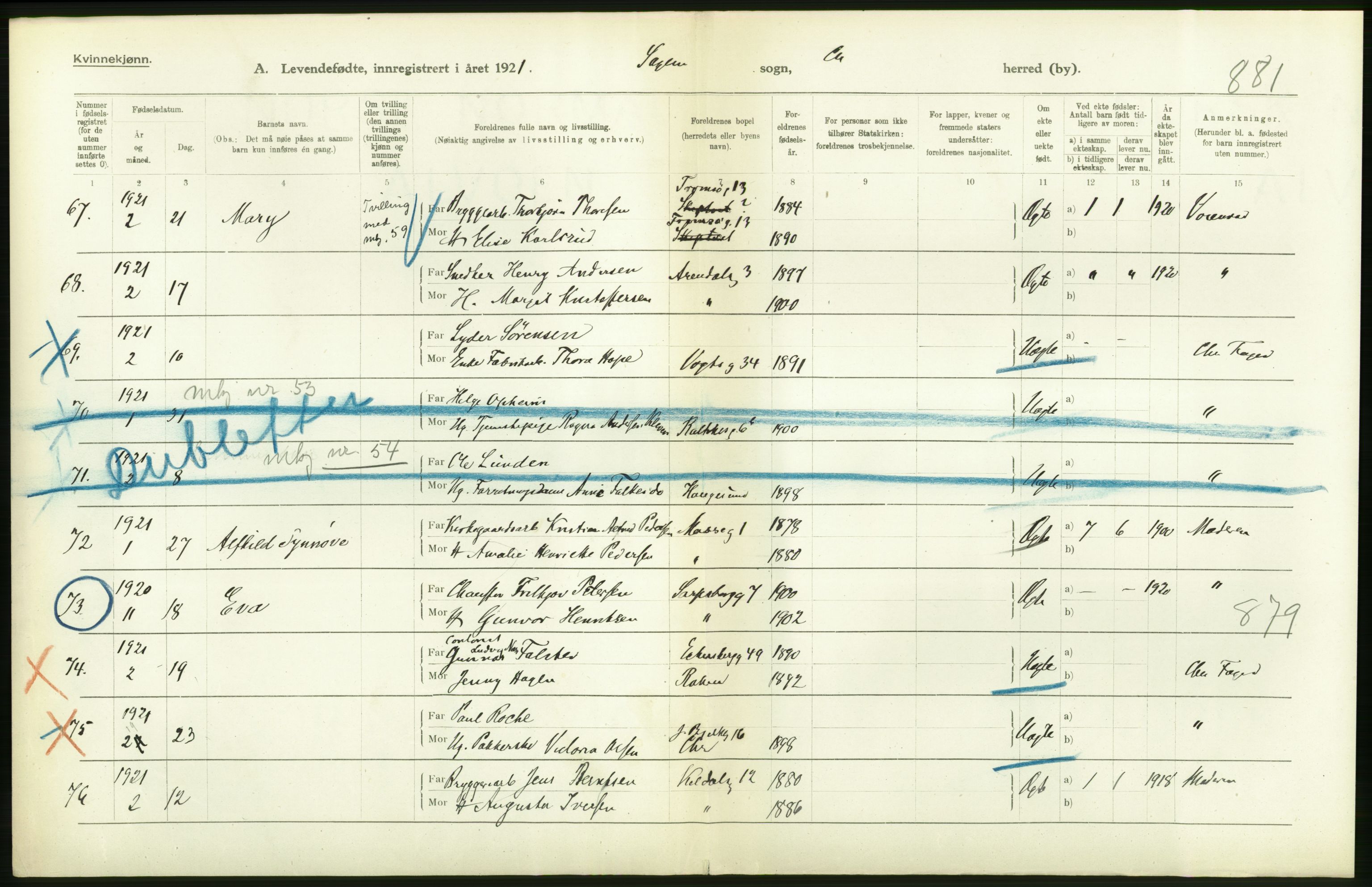 Statistisk sentralbyrå, Sosiodemografiske emner, Befolkning, AV/RA-S-2228/D/Df/Dfc/Dfca/L0010: Kristiania: Levendefødte menn og kvinner., 1921, p. 248