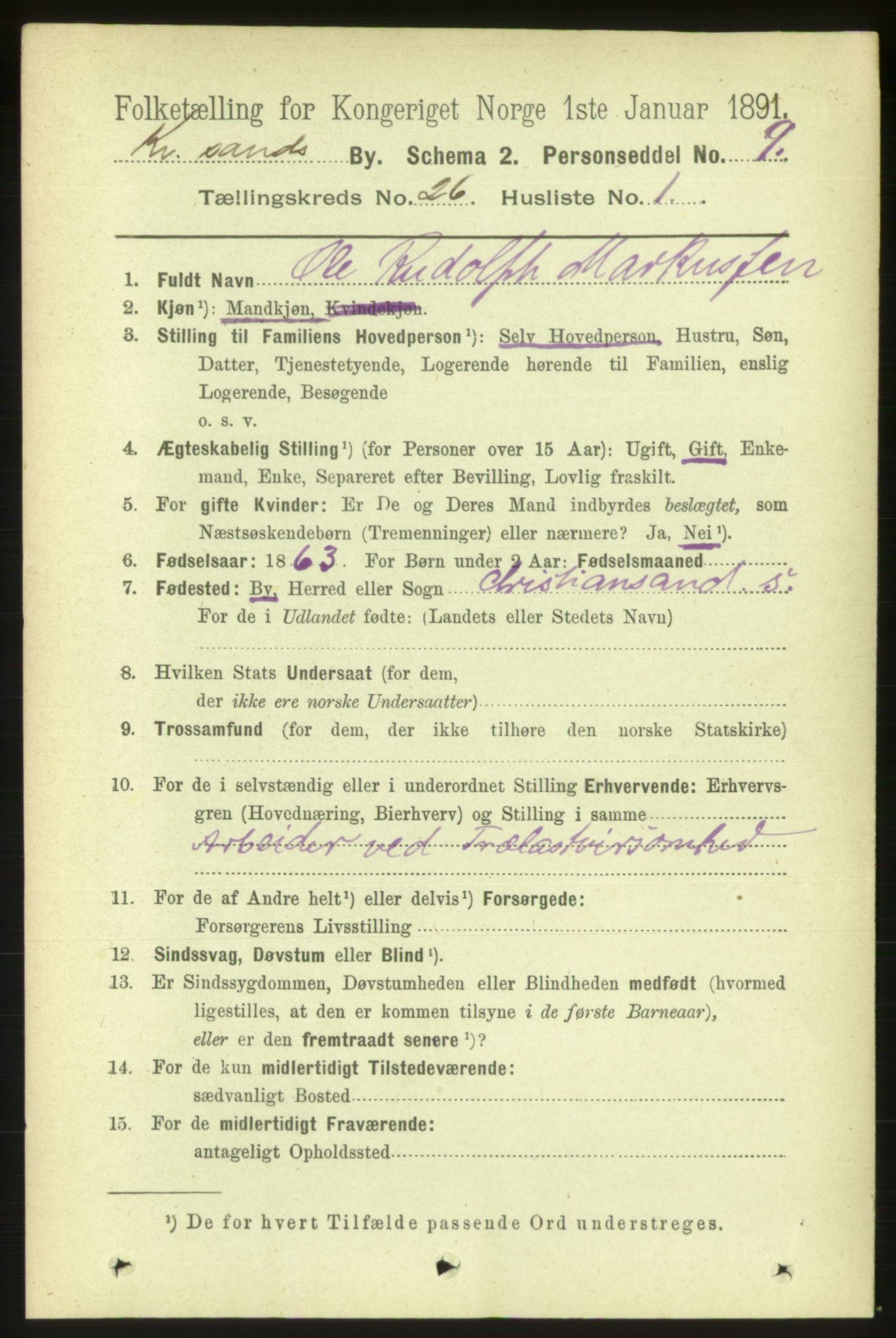 RA, 1891 census for 1001 Kristiansand, 1891, p. 8887