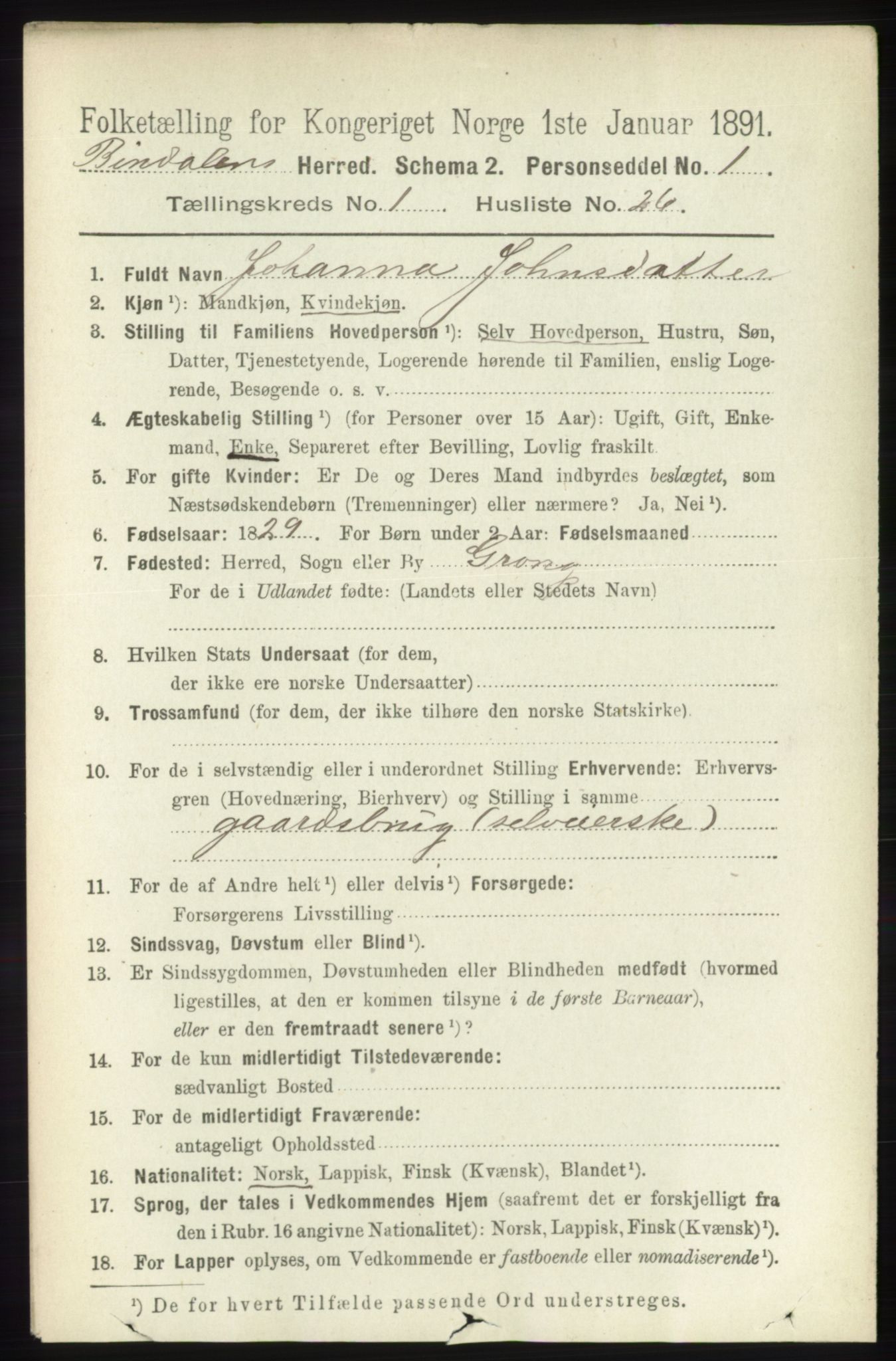 RA, 1891 census for 1811 Bindal, 1891, p. 222