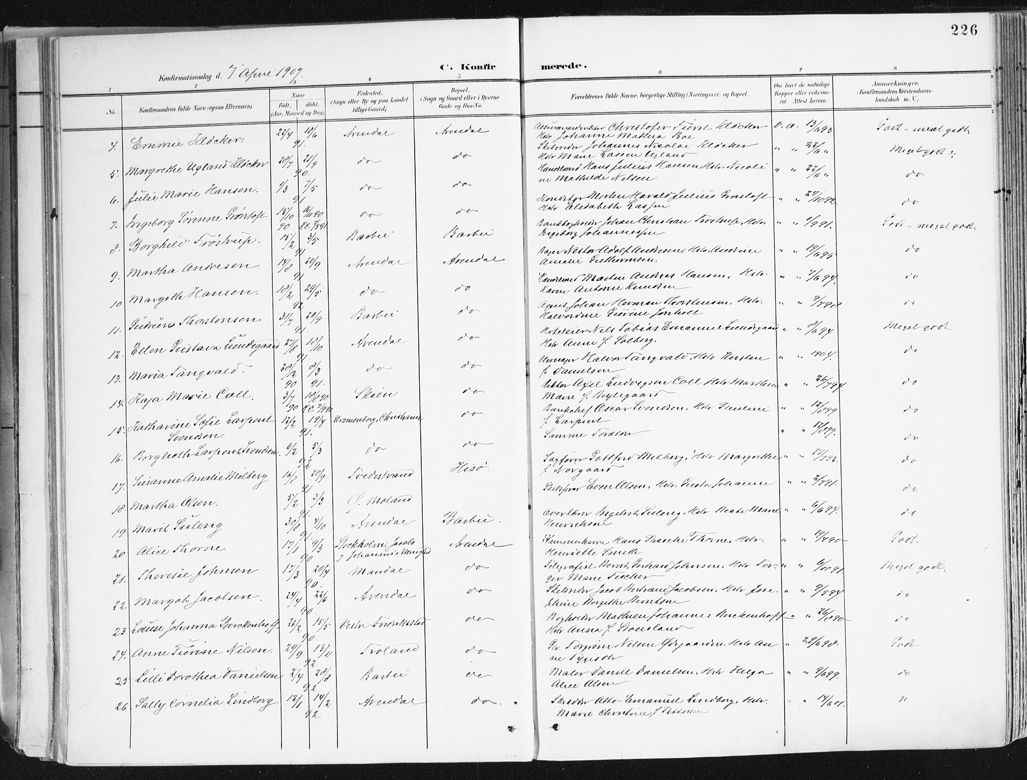 Arendal sokneprestkontor, Trefoldighet, SAK/1111-0040/F/Fa/L0010: Parish register (official) no. A 10, 1900-1919, p. 226