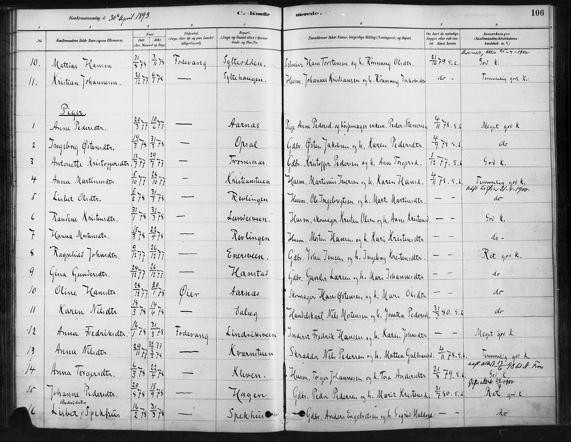 Ringebu prestekontor, AV/SAH-PREST-082/H/Ha/Haa/L0009: Parish register (official) no. 9, 1878-1898, p. 106