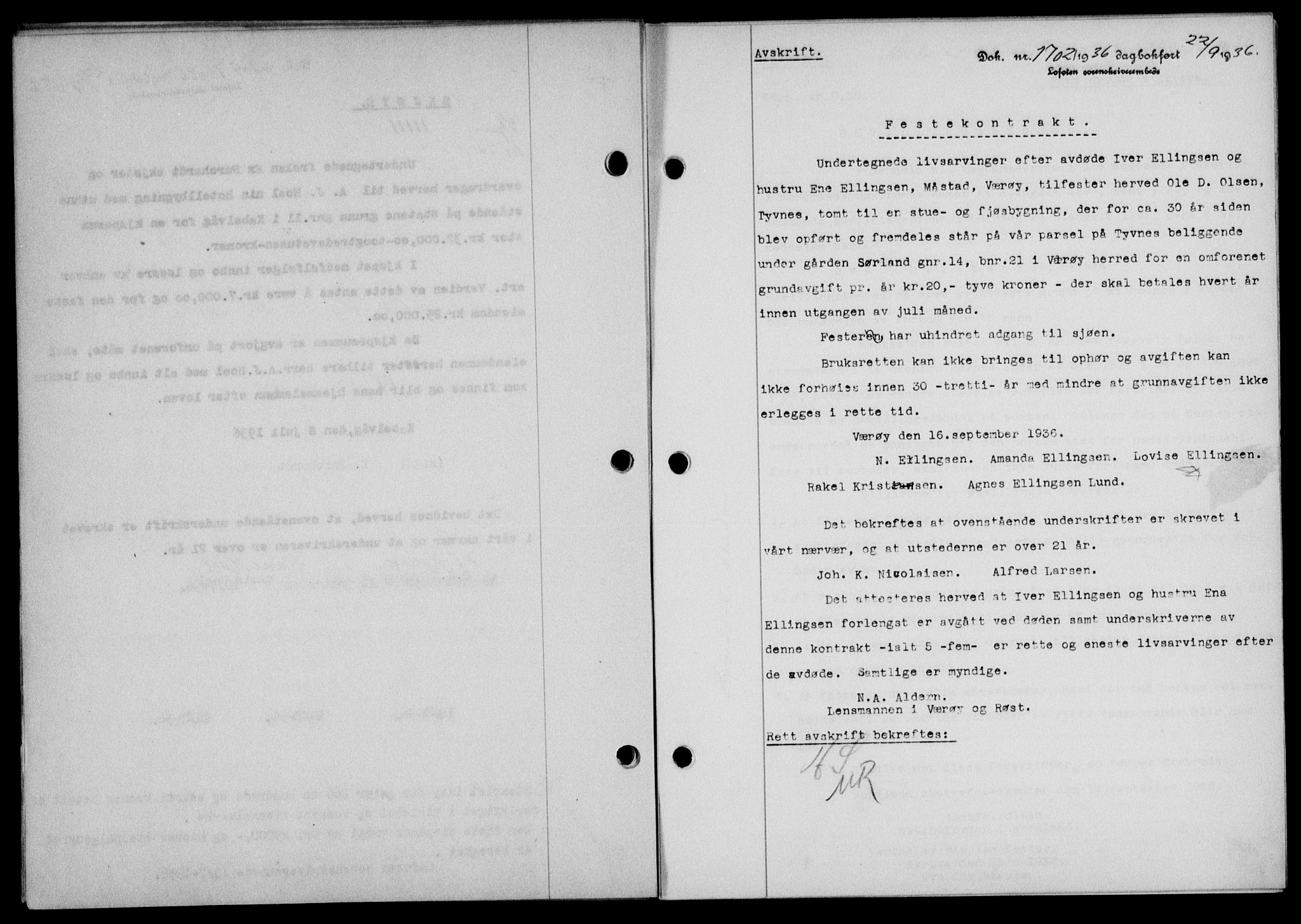 Lofoten sorenskriveri, SAT/A-0017/1/2/2C/L0001a: Mortgage book no. 1a, 1936-1937, Diary no: : 1702/1936