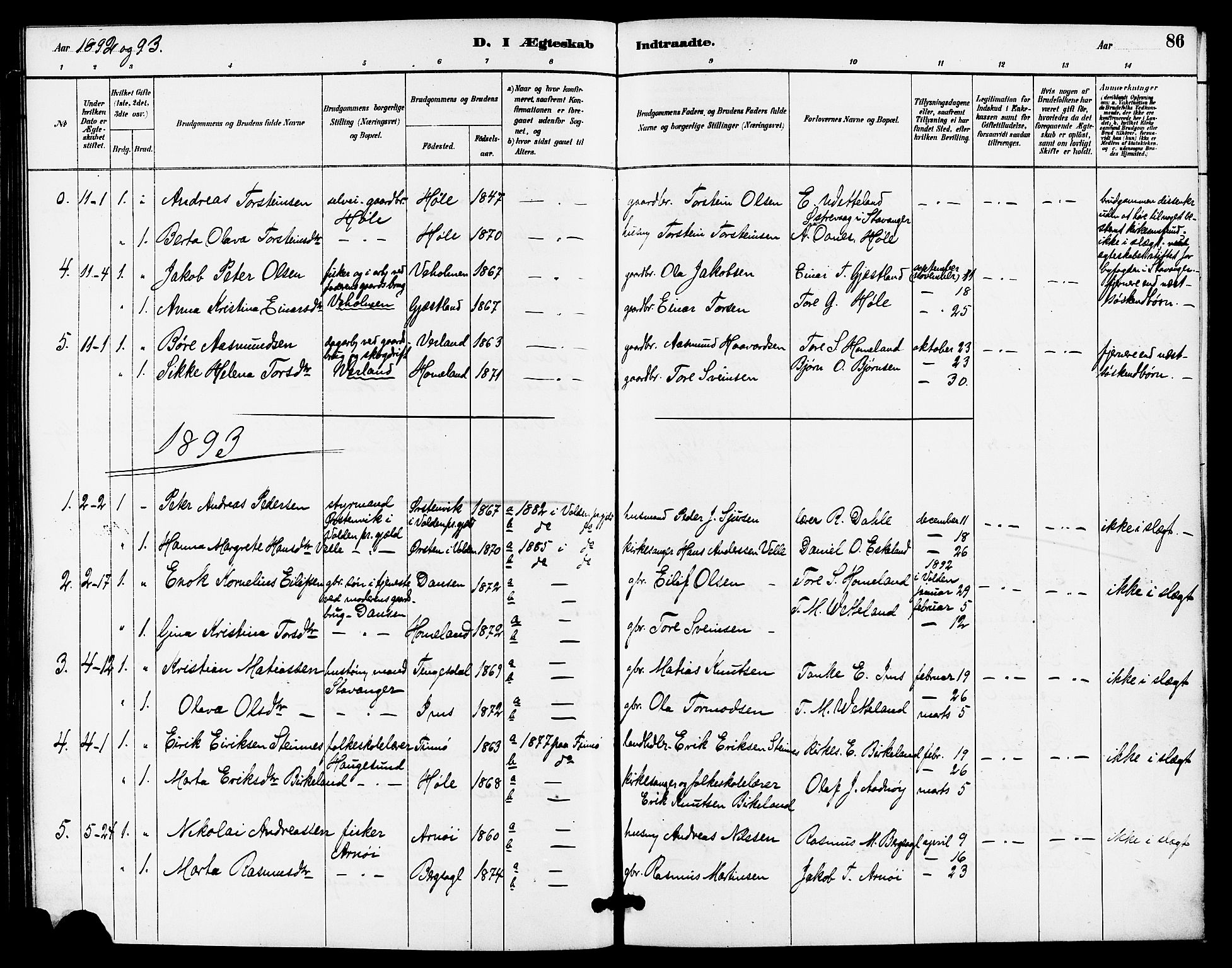 Høgsfjord sokneprestkontor, AV/SAST-A-101624/H/Ha/Haa/L0005: Parish register (official) no. A 5, 1885-1897, p. 86