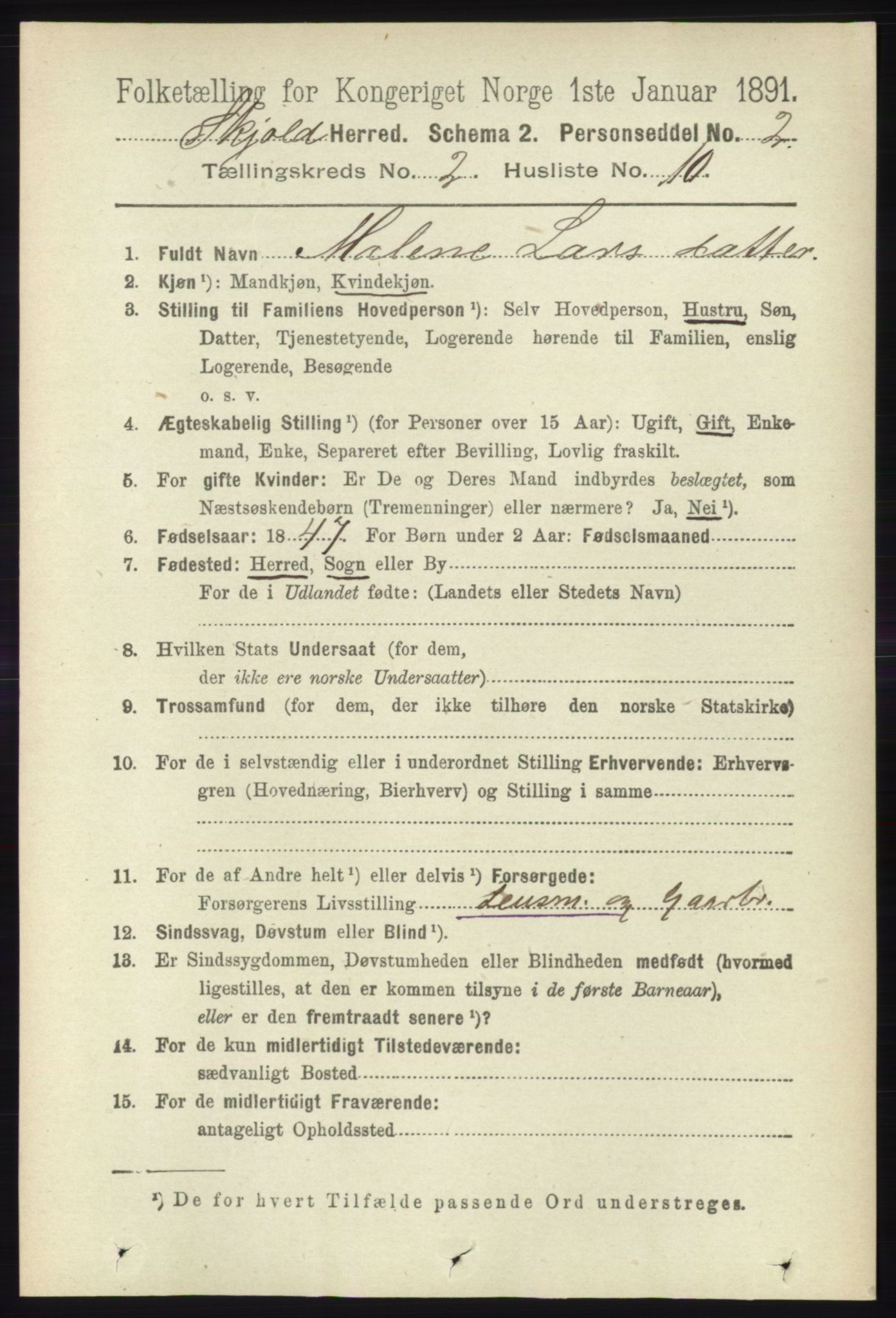 RA, 1891 census for 1154 Skjold, 1891, p. 325