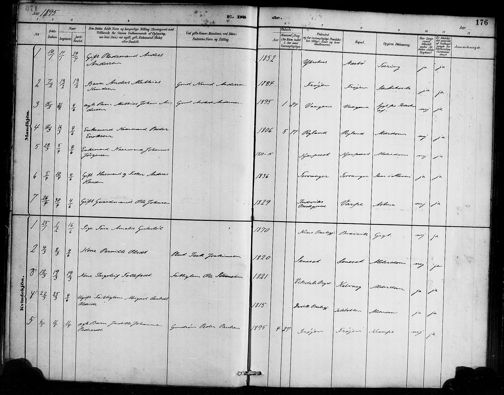 Bremanger sokneprestembete, SAB/A-82201/H/Haa/Haab/L0001: Parish register (official) no. B 1, 1884-1895, p. 176